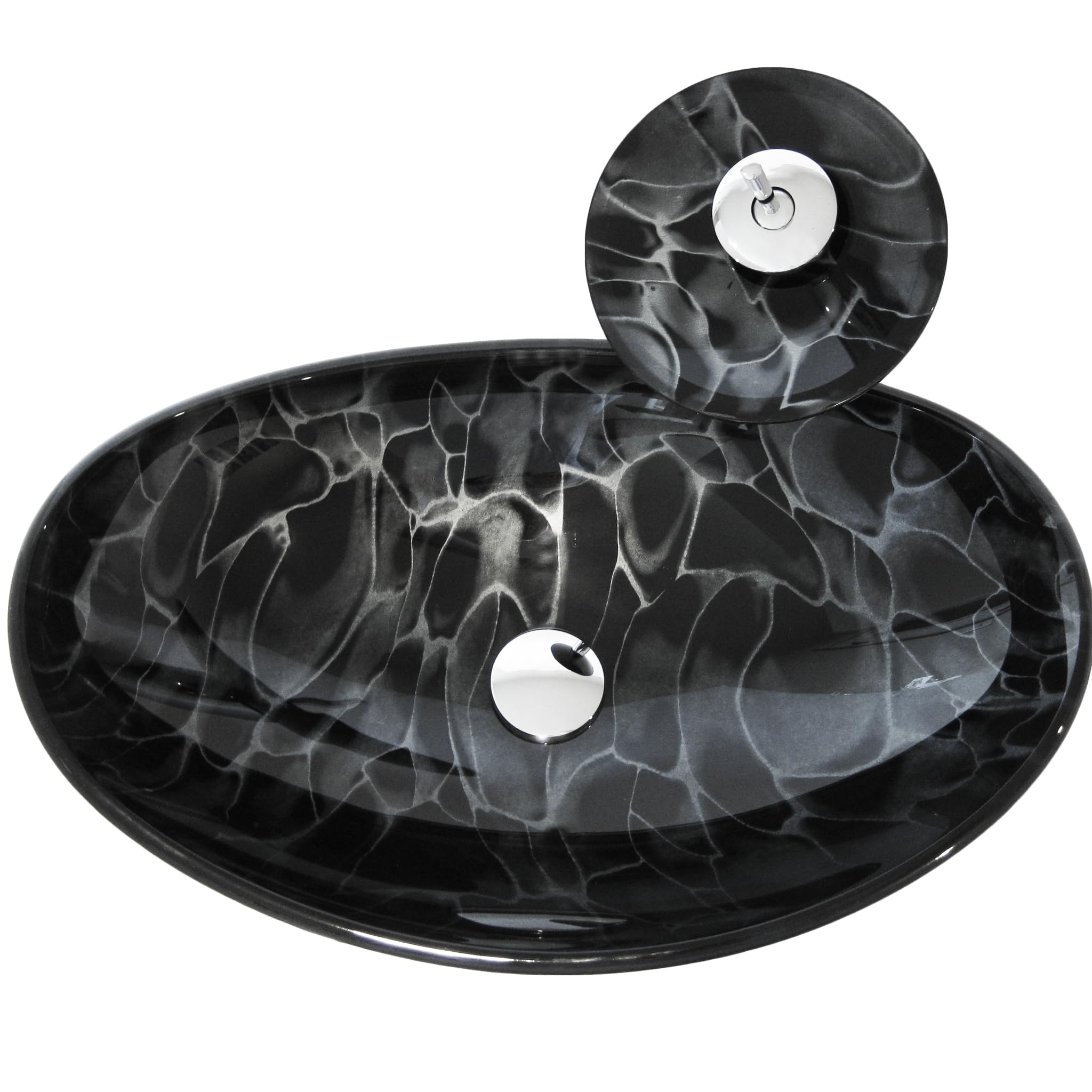 Novatto TARTARUGA Oval Glass Vessel Bathroom Sink Set with Chrome Faucet - Modern Above Counter Bathroom Vanity Sink for Contemporary Home Decor