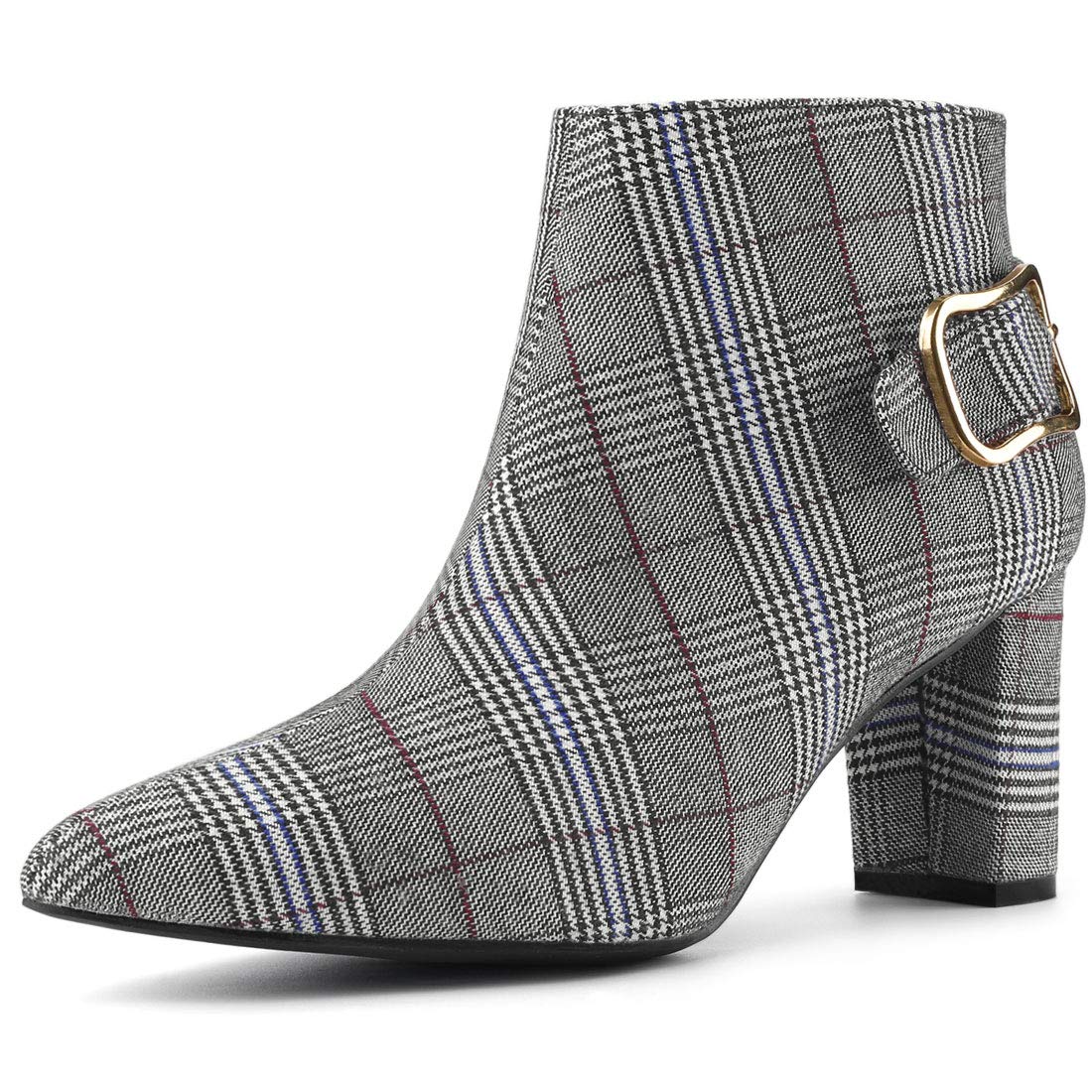 Allegra K Women's Plaid Pointed Toe Chunky Heel Ankle Boots - Stylish Fall Winter Fashion Booties for Office, Party & Night Out