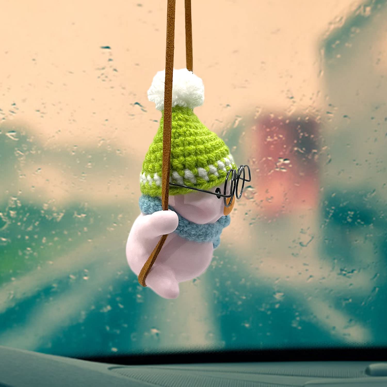 Cute Crochet Swinging Pig Car Hanging Ornament - Green Rear View Mirror Accessories for Women & Men | Fun Car Decor Pendant for Mirror & Dashboard