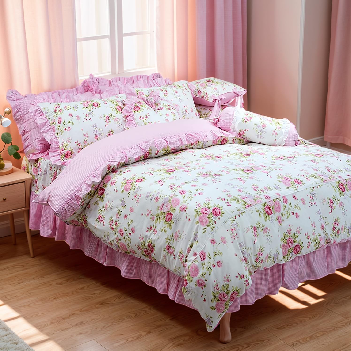 FADFAY Shabby Pink Duvet Cover Set - Rose Floral Bedding Collection with Elegant Princess Lace Ruffle - 4 Piece Full Size Quilt Cover for Girls - Perfect for Teen Bedrooms, Princess Themed Decor & Cozy Sleep