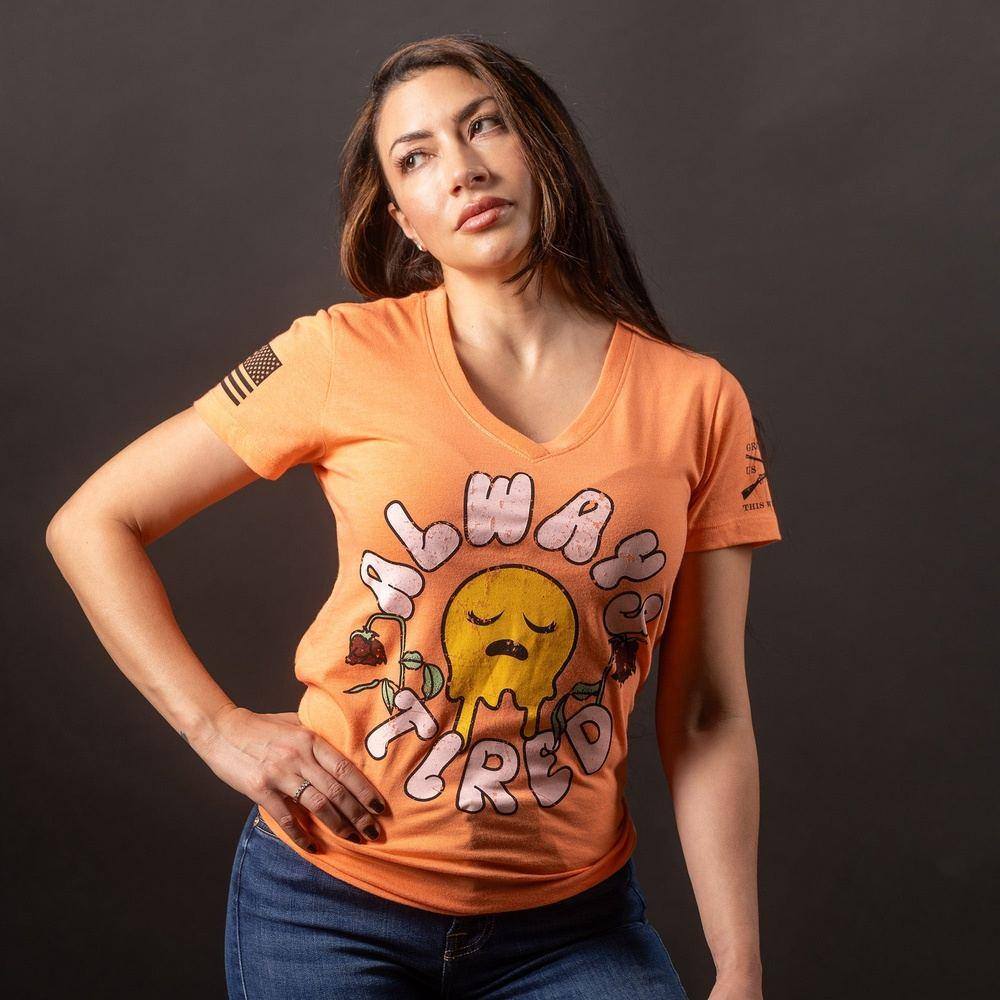 Women's Always Tired V-Neck T-Shirt in Apricot Crush - Soft Comfortable Casual Tee for Everyday Wear, Lounge & Relaxation