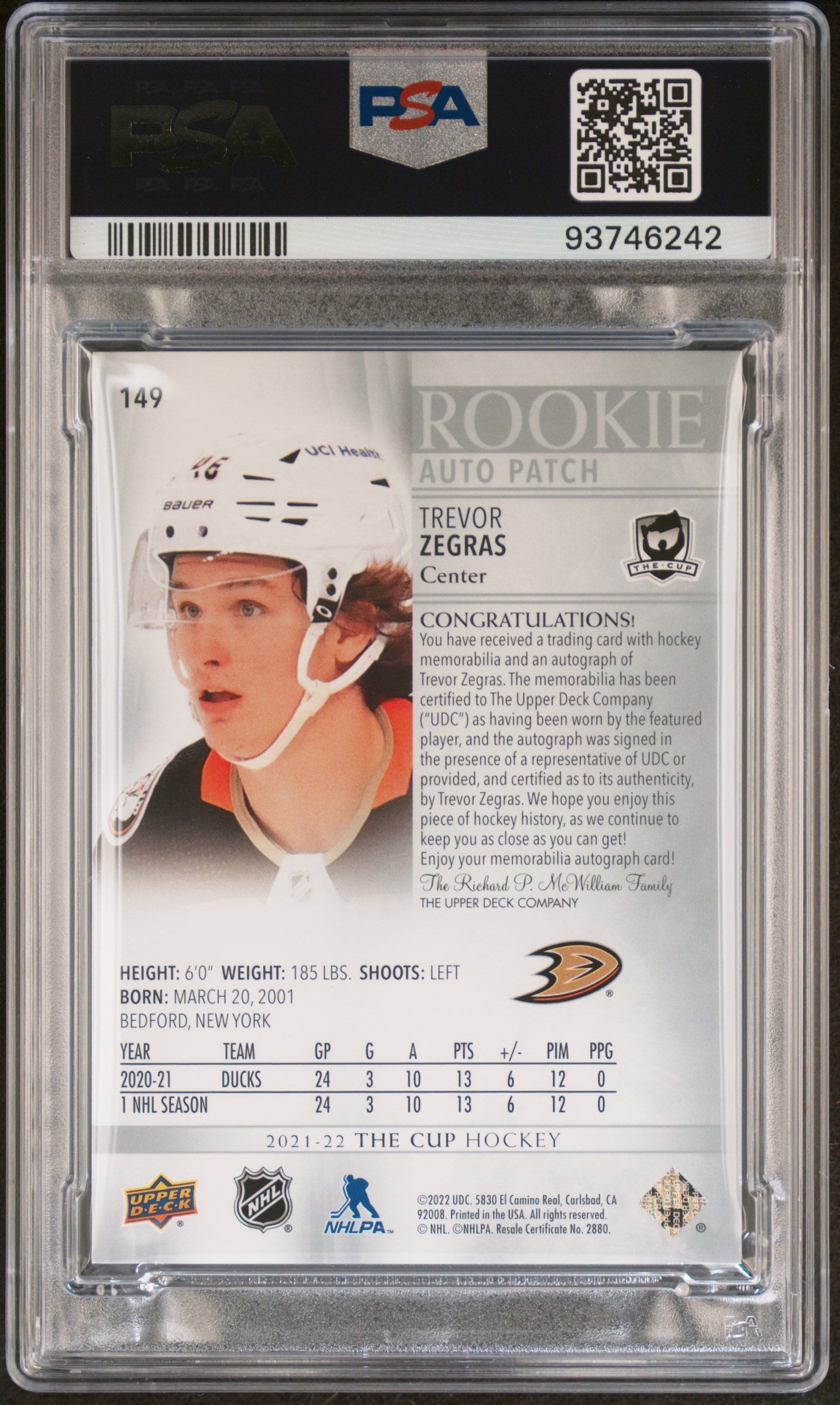 2021-22 Upper Deck The Cup Hockey Trevor Zegras Rookie Patch Auto /99 PSA 8 Graded Card - Perfect for NHL Collectors, Sports Memorabilia Displays & Hockey Fan Gifts