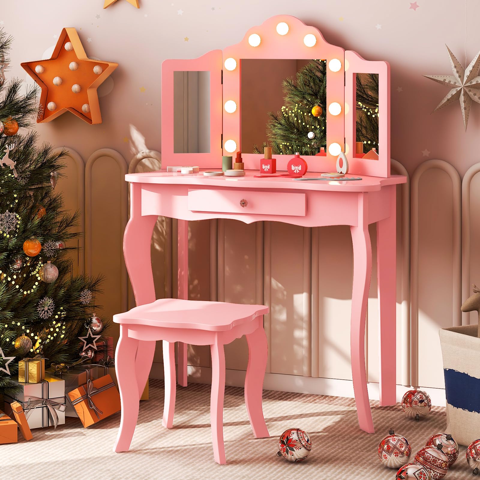 Costzon Kids Vanity Set with Mirror, Stool & Lights - Pink Wooden Princess Makeup Dressing Table with Drawer, 2-in-1 Toddler Vanity for Girls - Pretend Play, Birthday Gift & Bedroom Decor (Pink)