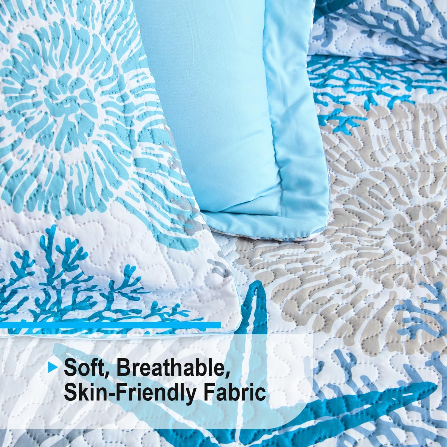 Tritard 3-Piece Coastal Quilt Set Full/Queen Size - Reversible Microfiber Bedding with 2 Shams | Soft Lightweight Beach Quilt | Nautical Bedspread Coverlet for Summer & All Seasons | 90''x96'' | Perfect for Beach House, Guest Room & Coastal-Themed Bedrooms (Style C1)