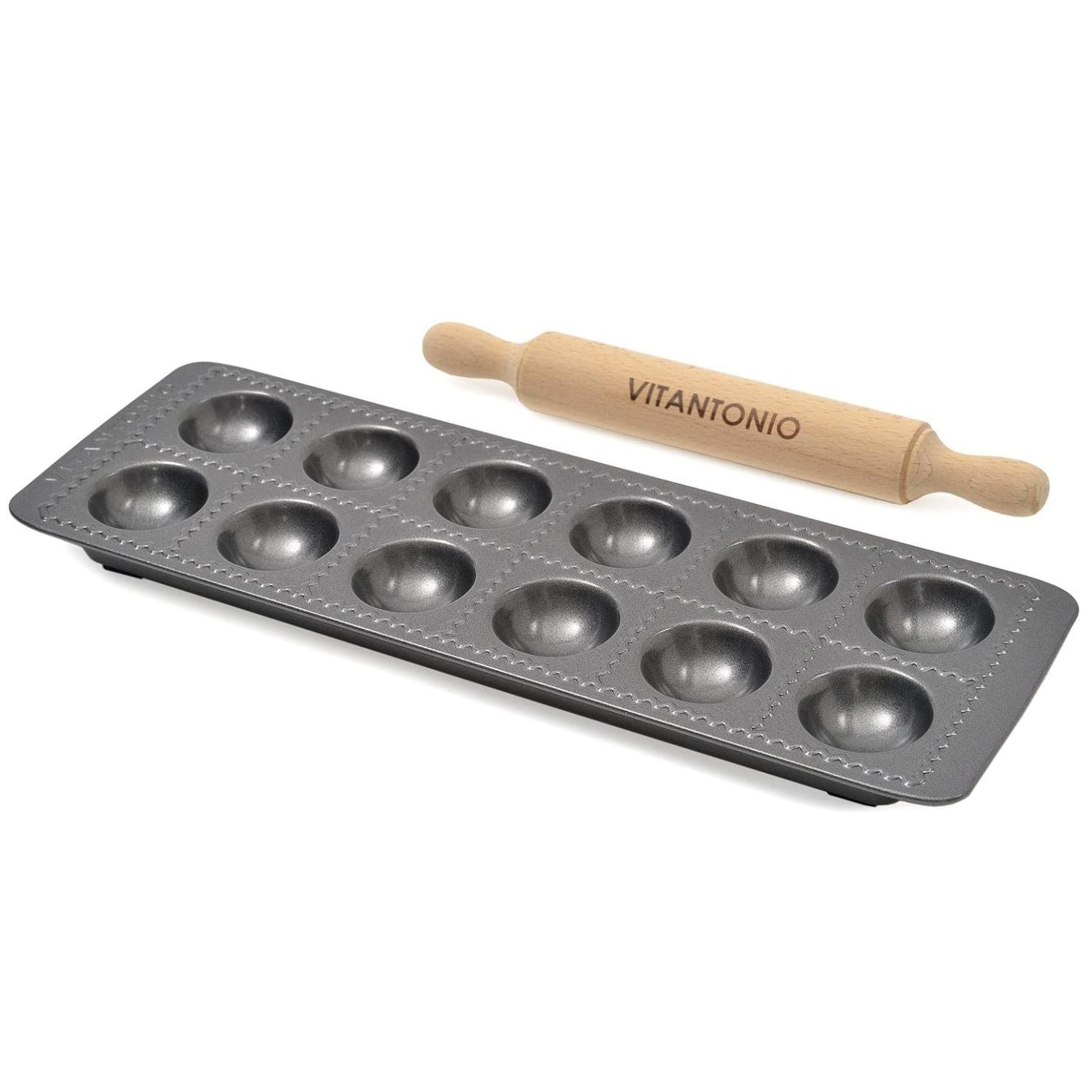 Vitantonio Non-Stick Ravioli Maker Tray with Rolling Pin - Perfect for Homemade Pasta, Dumplings & Italian Cuisine