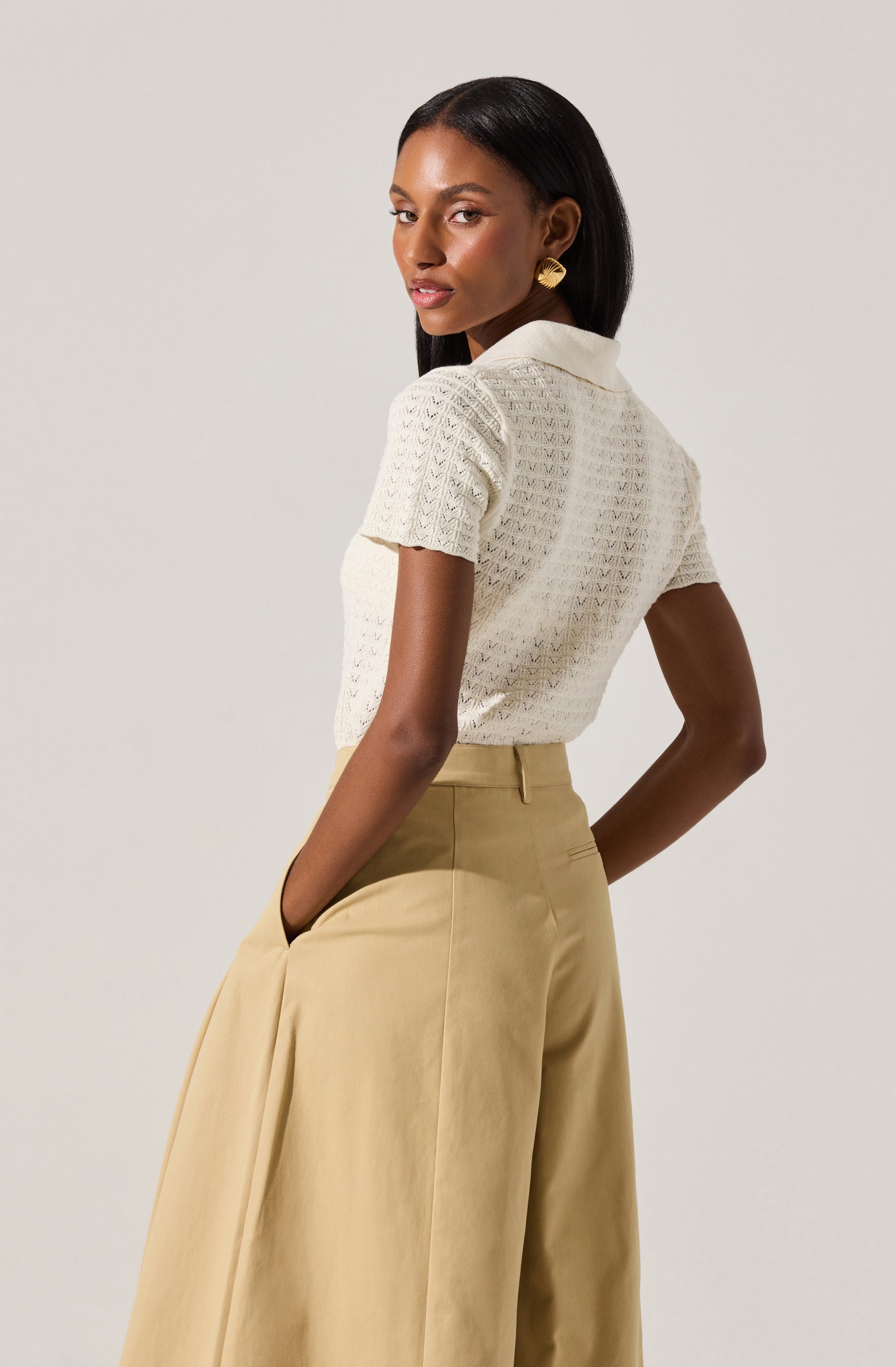 Stylish Pearl Polo Pointelle Sweater for Women - Breathable Knit Top for Casual & Office Wear - Perfect for Layering in Fall & Winter