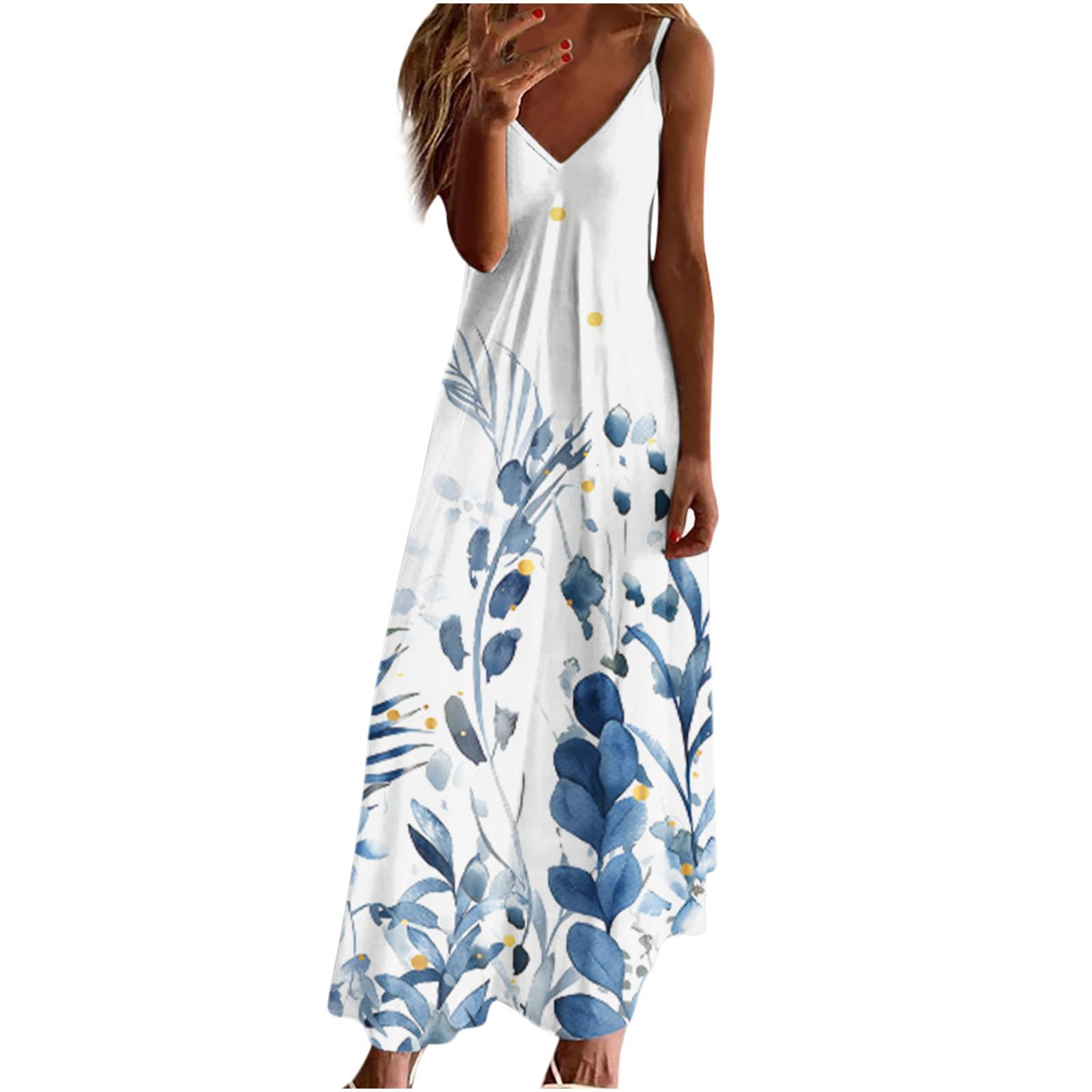 Women's Maxi Dresses 2024 - Casual Spaghetti Strap V-Neck Long Summer Dress for Beach, Vacation & Outdoor Activities | Trendy Flowy Sun Dress for Pool Parties, Date Nights & Summer Travel