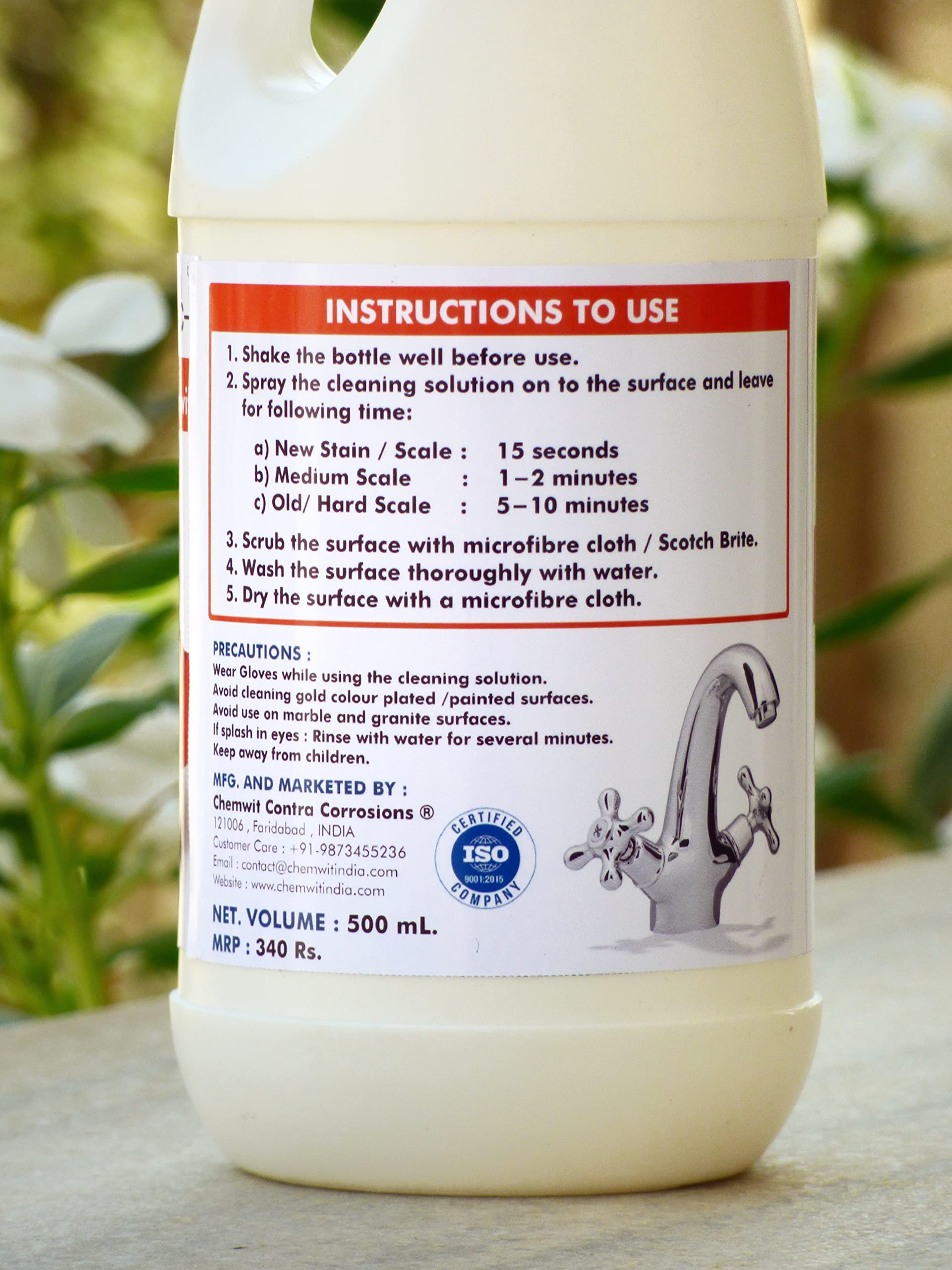 Chemwit - 500mL Hard Water Stain Remover Spray for Bathroom & Kitchen - Safe Limescale Cleaner for Faucets, Shower Glass, Tiles with Anti-Corrosion Protection - Eliminates Rust, Calcium Deposits & Stains - Perfect for Daily Cleaning & Maintenance of Bathroom Fixtures, Kitchen Sinks & Appliances