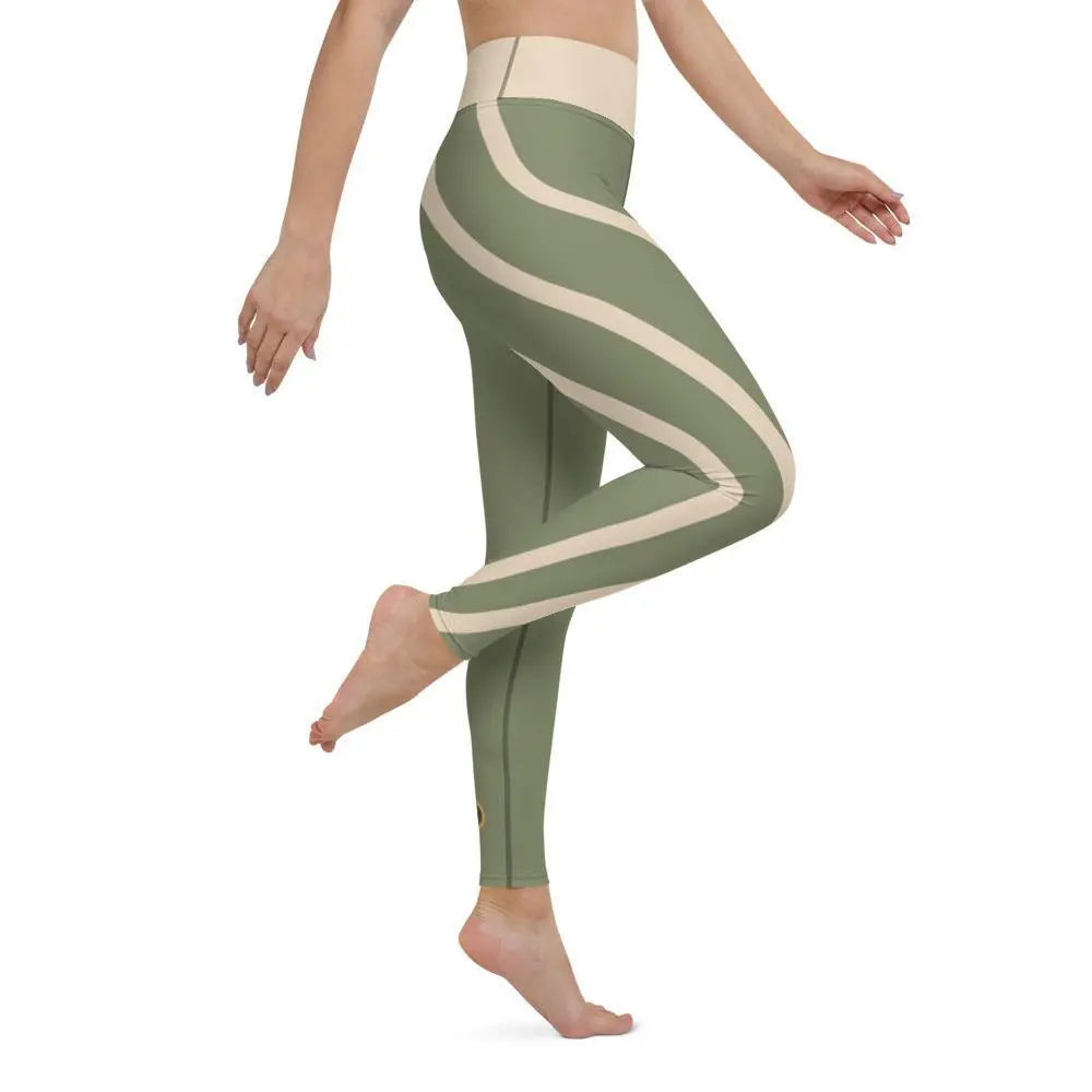 High Waist Stretchy Yoga Leggings with Side Pockets - Green & Champagne - Perfect for Yoga, Gym, Running & Lounge Wear
