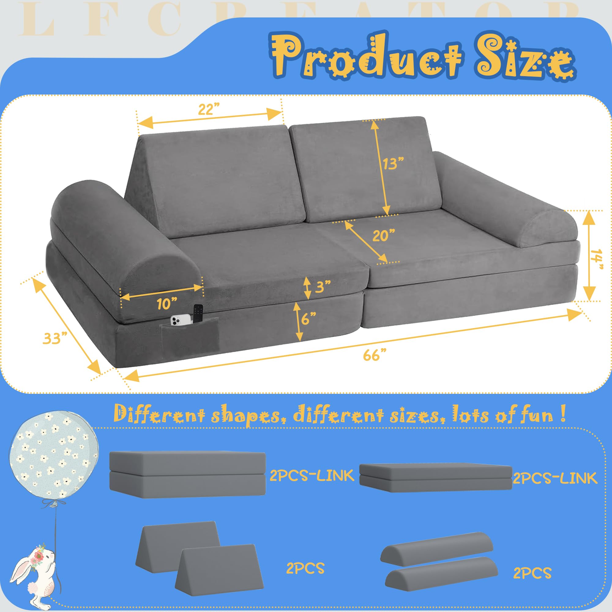 Modular Kids Sofa - Toddler & Baby Playroom Couch for Boys & Girls, Soft and Safe Lounge Furniture for Playtime, Nap Time, and Reading - Perfect for Bedrooms, Playrooms, and Daycare Centers