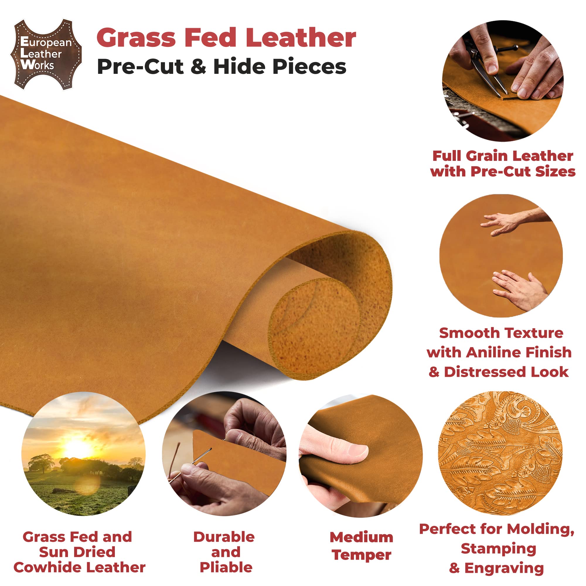 Premium 8-10 oz (3-4mm) Grass-Fed Full Grain Cowhide Leather - 24