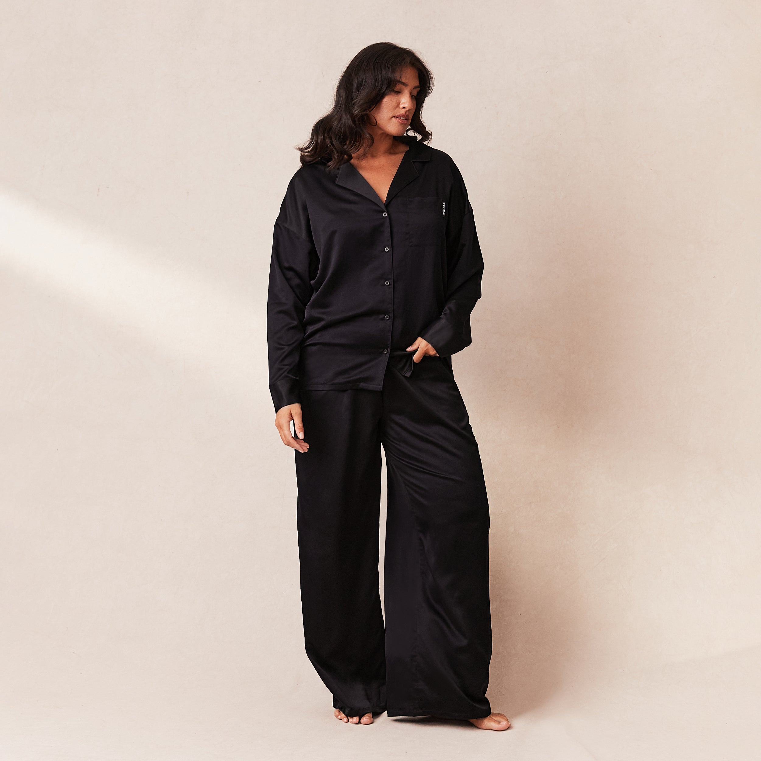 Classic Black Satin Pajama Shirt for Women - Comfortable Sleepwear & Lounge Wear for Nighttime Relaxation