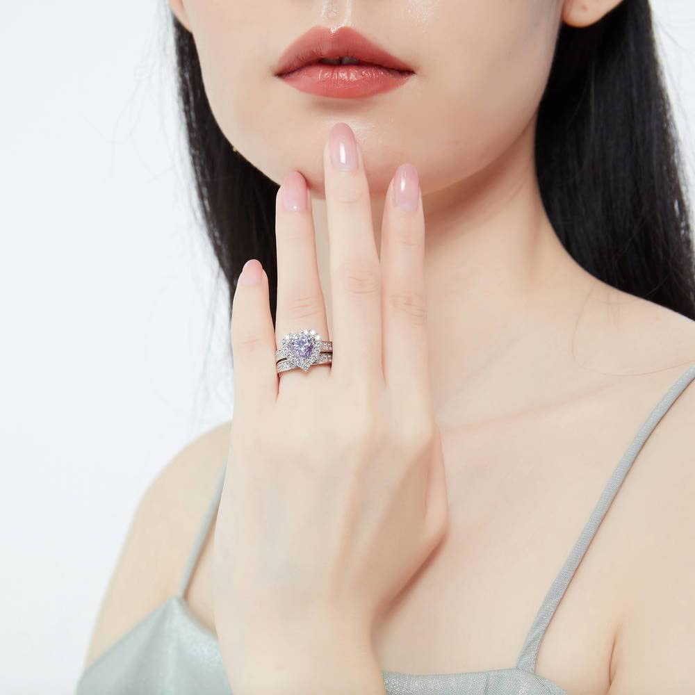 BERRICLE Sterling Silver Halo Wedding Engagement Ring Set - Purple Heart Shaped Cubic Zirconia CZ Statement Ring for Women, Rhodium Plated Size 4-10 | Perfect for Valentine's Day, Anniversary Gifts & Romantic Proposals