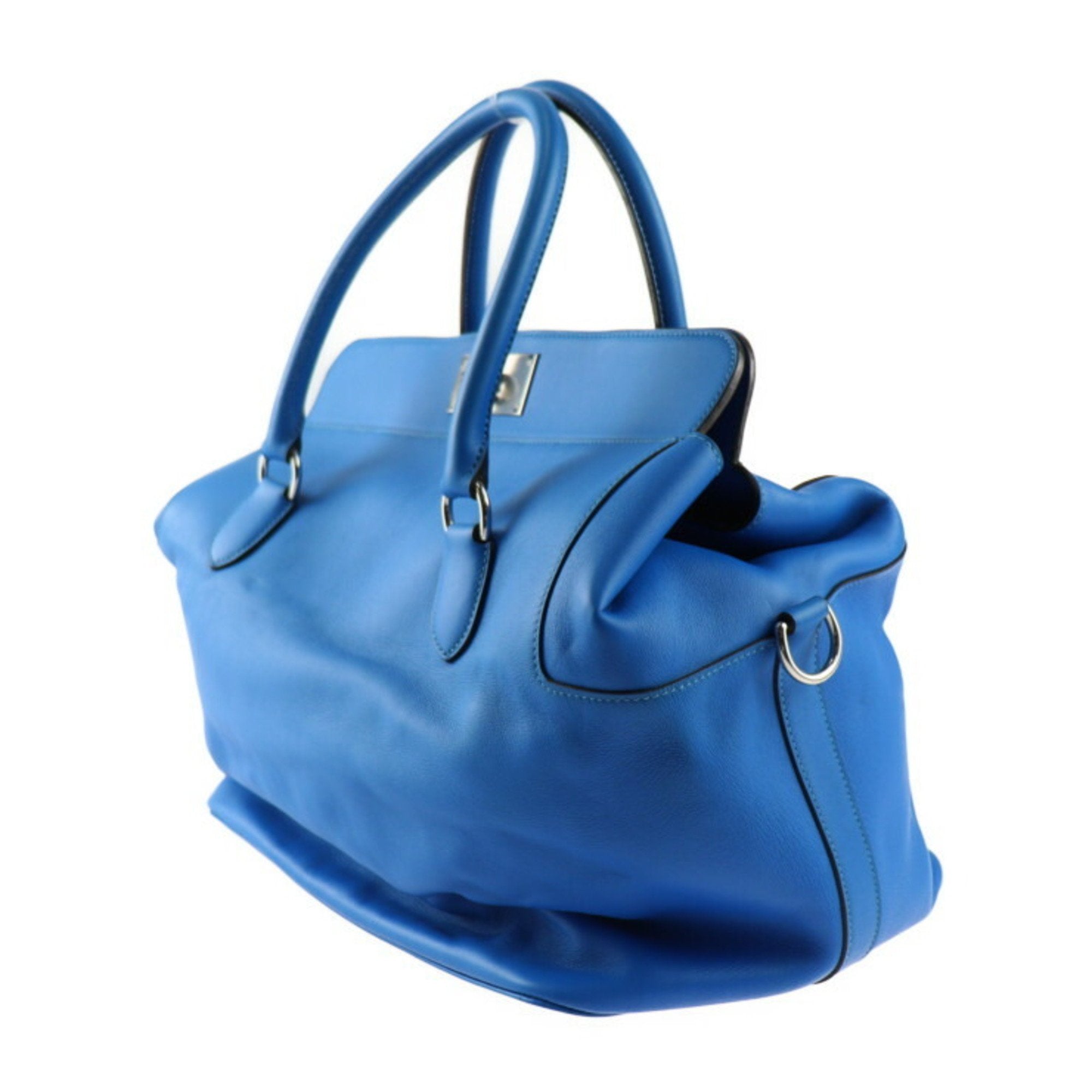 Stylish Blue Leather Structured Handbag with Metallic Accents - Perfect for Work, Evening Events & Everyday Use