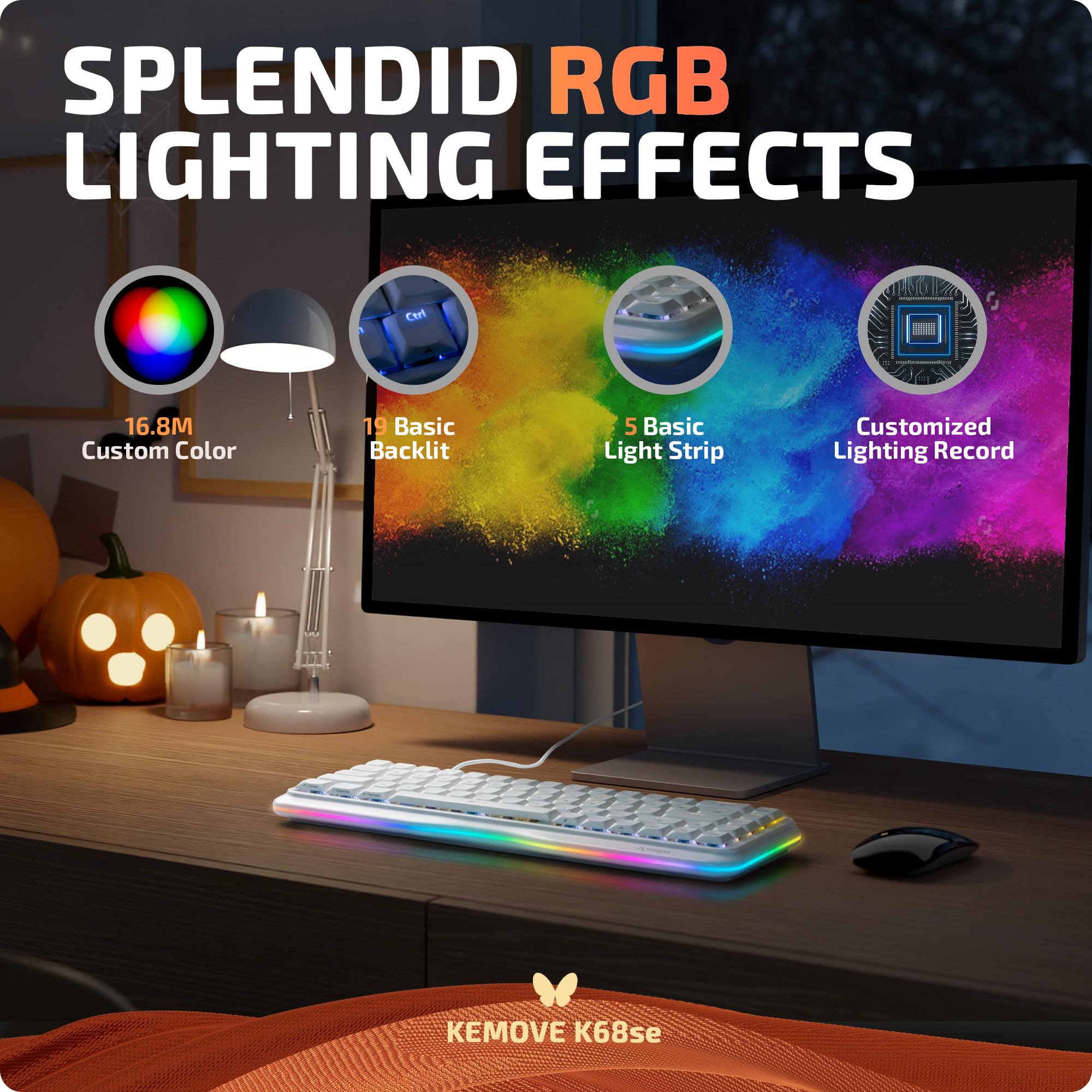KEMOVE K68se 60% Compact RGB Gaming Mechanical Keyboard with Blue Switches - White Backlit Wired Keyboard for PC, Mac, Typing & Esports Gaming
