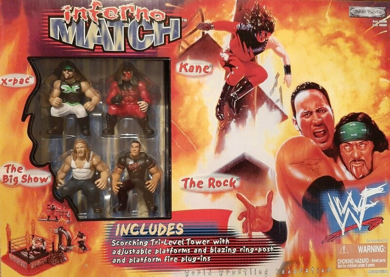 Vintage 1999 WWF Jakks Pacific Brawl 4 All Inferno Match Action Figure Set - X-Pac, Kane, The Big Show & The Rock | Wrestling Collectibles for Display & Play | Perfect for WWF Fans & Toy Collectors | Great Gift for Wrestling Enthusiasts | Use for Home Decor, Collection Display or Play Battles
