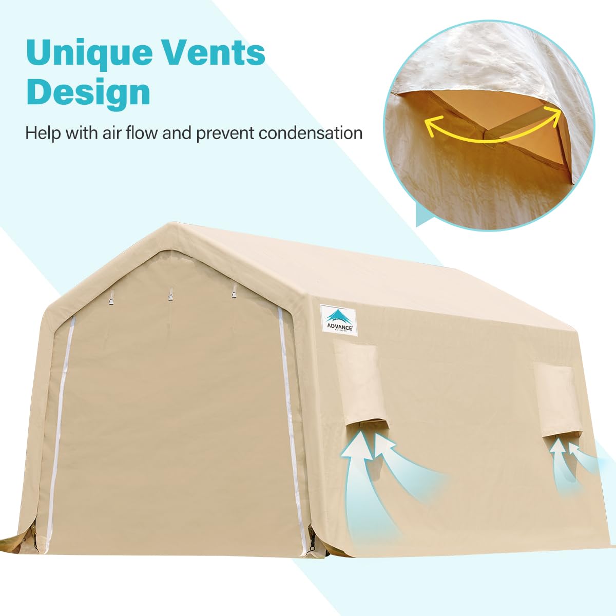ADVANCE OUTDOOR 10X15 ft Heavy-Duty Steel Garage Shelter with Peak Roof - Portable Storage Shed for Motorcycle, Boat & Garden Tools - Includes 2 Roll-Up Doors & Ventilation (Beige) | Perfect for Vehicle Protection, Outdoor Storage & Backyard Organization