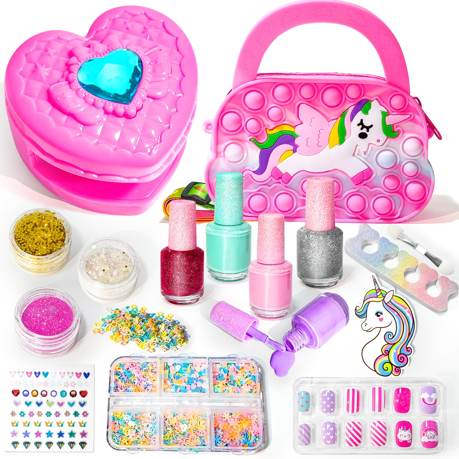 Non-Toxic Kids Nail Polish Set for Girls Ages 5-12 | 12 Colors Safe Nail Art Kit with Nail Dryer, Glitter Powder, False Nails & DIY Stickers | Perfect Birthday & Christmas Gift for Little Girls | Fun Party & Playtime Nail Salon Activity