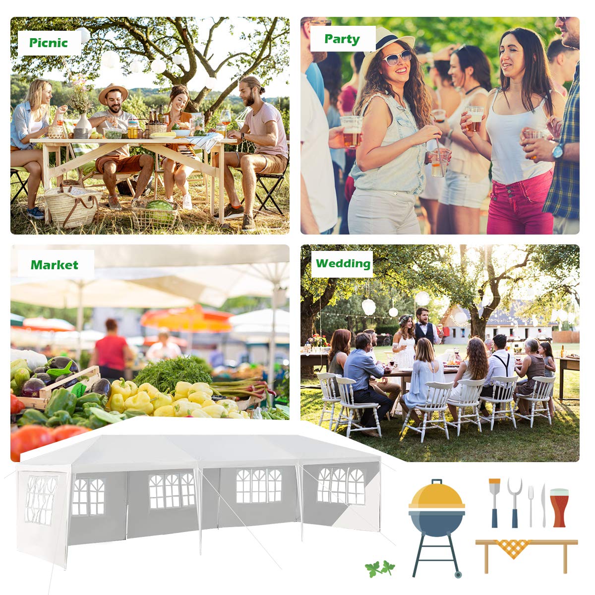 10FT x 30FT Heavy Duty Outdoor Wedding Party Tent with 5 Removable Sidewalls & Transparent Windows - Waterproof Instant Canopy Pavilion for Camping, BBQ, Backyard Events, and Outdoor Gatherings