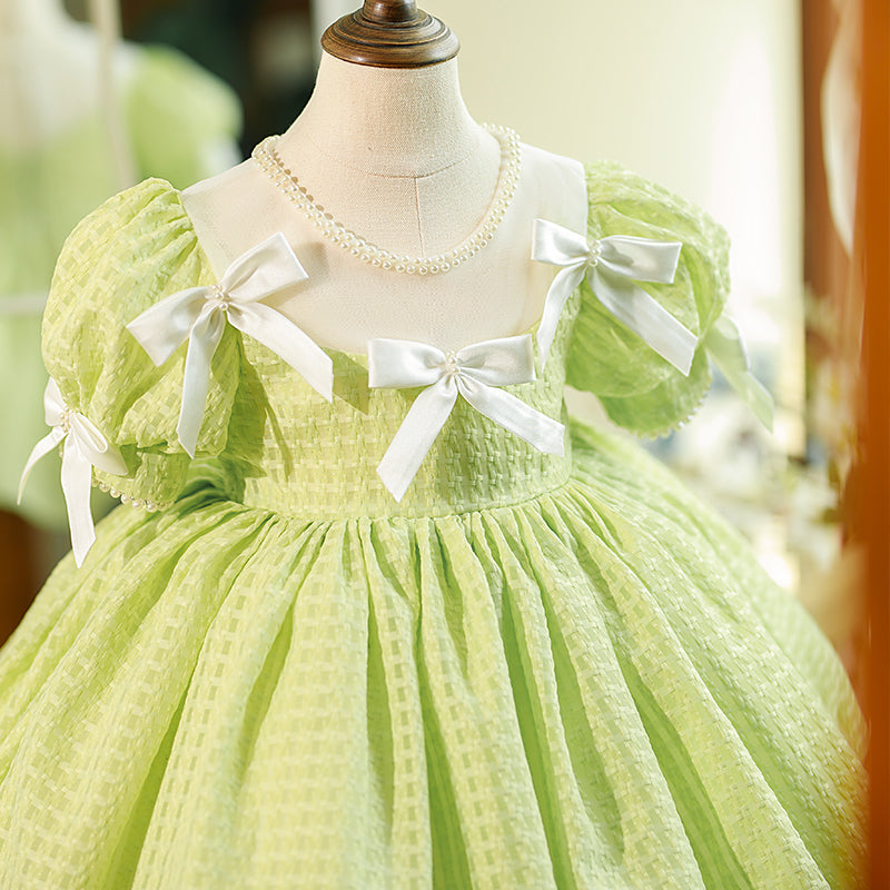 Elegant Sage Green Princess Flower Girl Dress with Puff Sleeves - Perfect for Weddings, Birthday Parties & Special Occasions