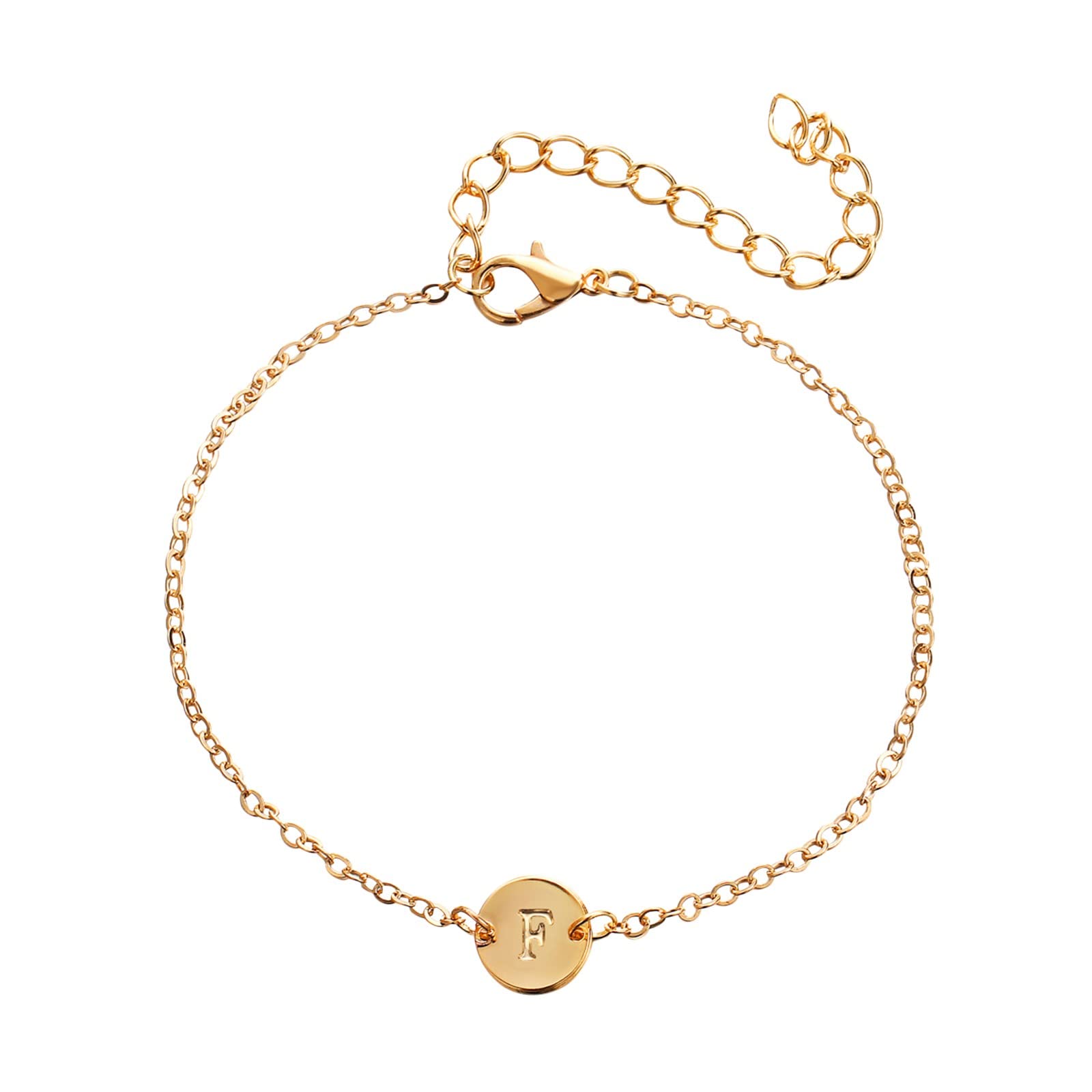 Personalized Initial Bracelet for Women - 18K Gold Plated Stainless Steel Letter Charm Bracelet with Delicate Coin Disc - Custom Name Jewelry Gift for Her - Perfect for Birthdays, Anniversaries & Everyday Wear (Size One, Letter F)