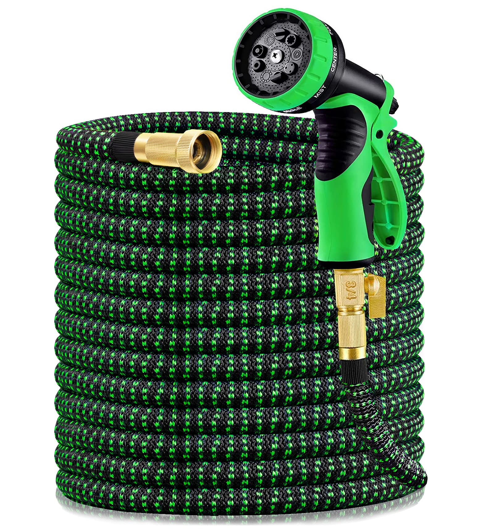Vorey 200FT Expandable Garden Hose with 9 Function Nozzle - Lightweight Flexible Water Hose, 3/4 Inch Solid Brass Fittings (Black/Green) - Perfect for Lawn Care, Car Washing & Outdoor Cleaning