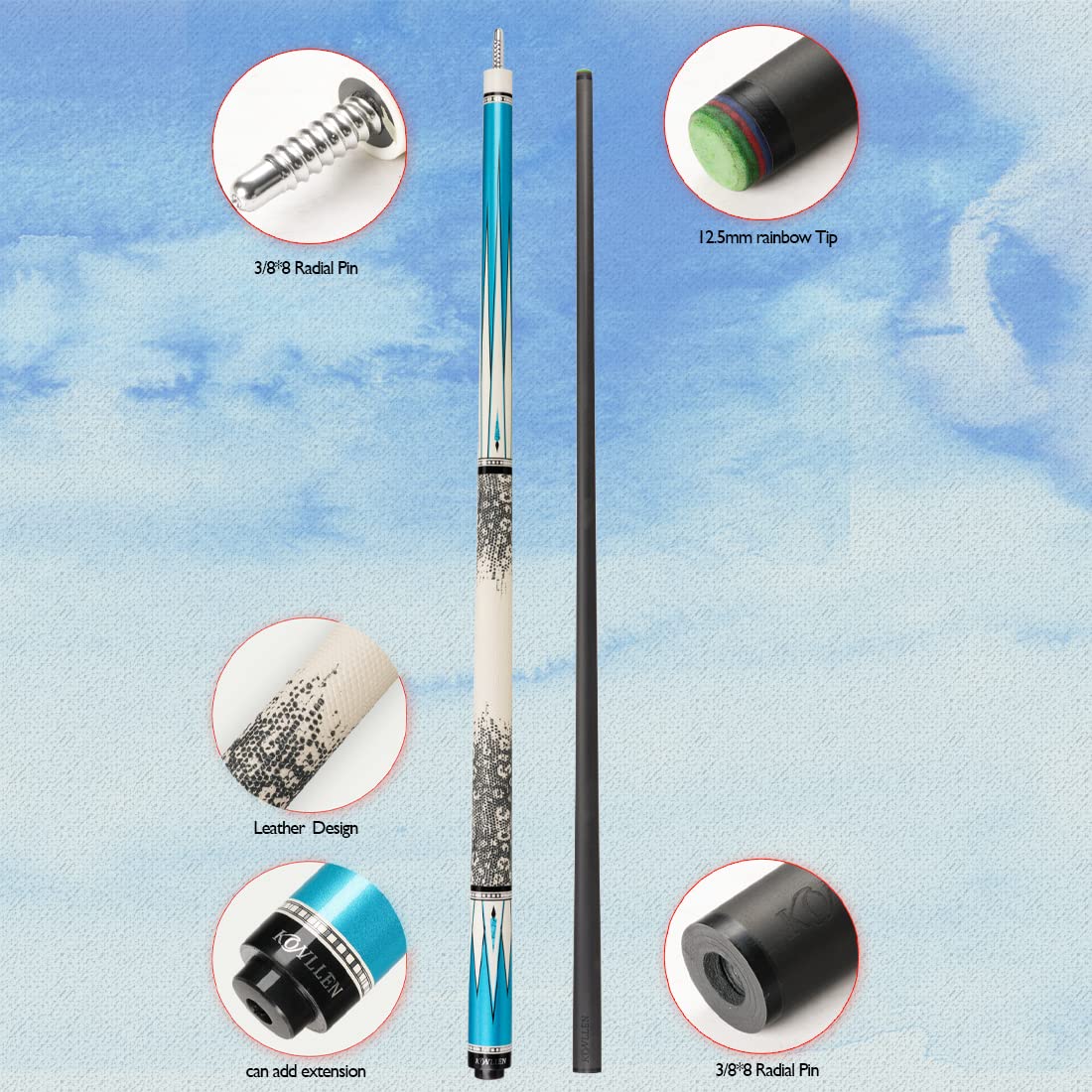 Premium 58-inch KONLLEN Carbon Fiber Pool Cue Stick - Professional Low Deflection Billiard Cue with 12.5mm Tip for Adults (Pro Taper, Easy Control, Ultra-Smooth) - Perfect for Competitive Play, Home Game Rooms & Bars