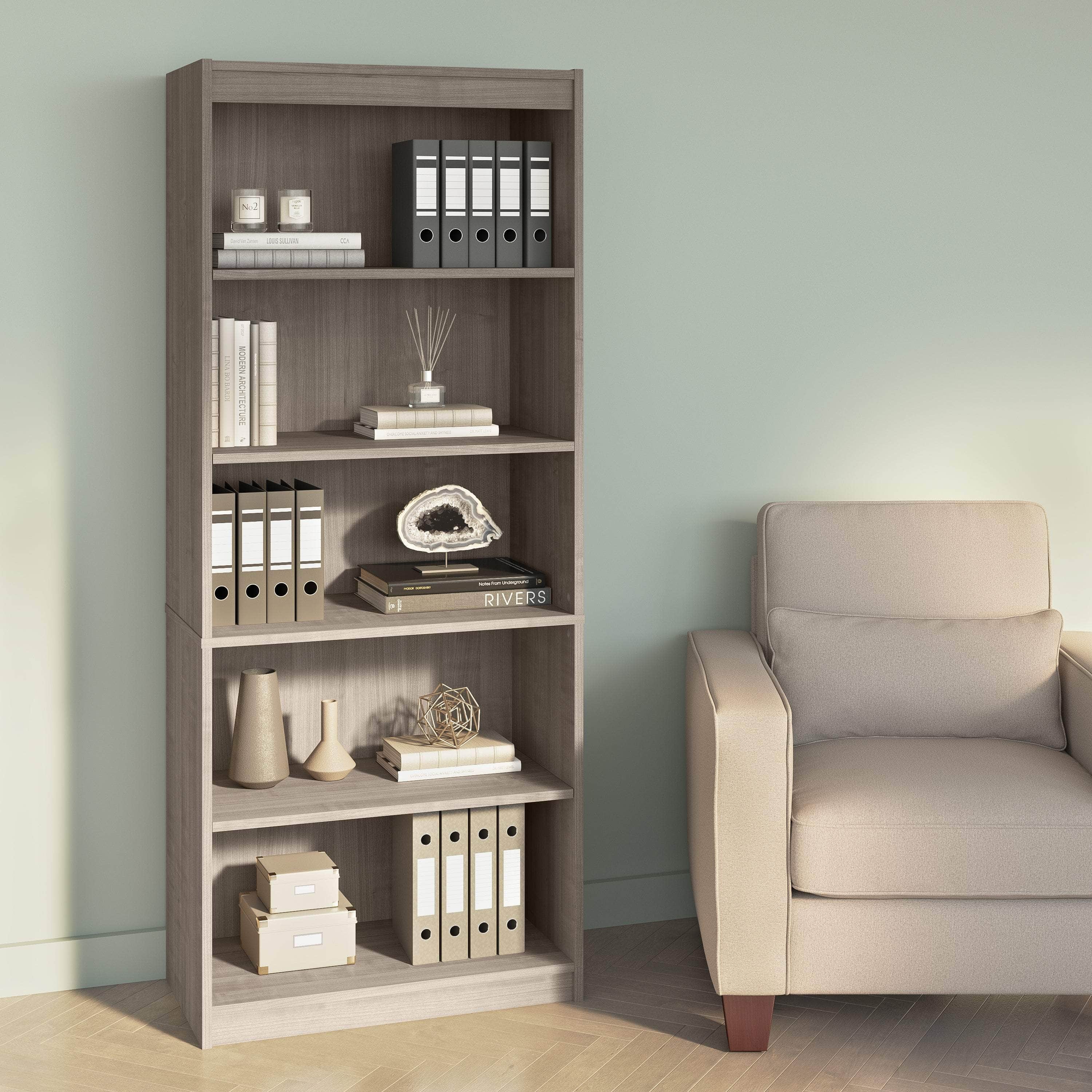 Ridgeley 30W 5-Tier Bookshelf - White, Black & Walnut Finish | Space-Saving Bookcase for Living Room, Office & Bedroom Storage