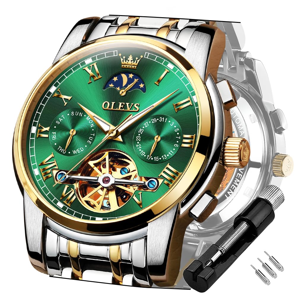OLEVS Men's Automatic Mechanical Tourbillon Watch - Self-Winding Luxury Stainless Steel Waterproof Wristwatch with Luminous Hands & Date Display | Perfect for Business, Formal Events & Everyday Wear
