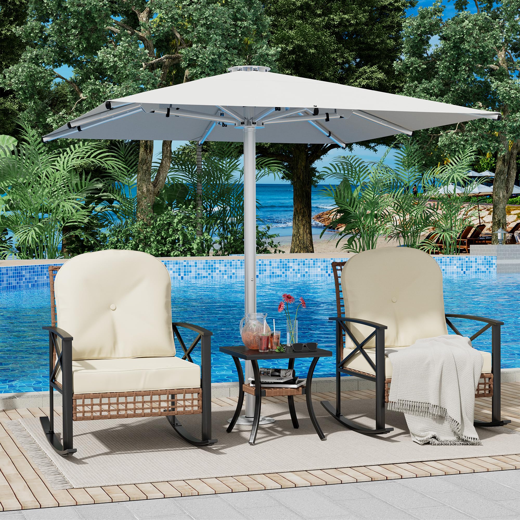 GARVEE 3-Piece Rattan Rocking Bistro Set - 2 Cushioned Rocker Chairs & 2-Tier Coffee Table - Outdoor Patio Furniture for Garden, Porch, Backyard - Perfect for Relaxing, Entertaining & Enjoying Morning Coffee