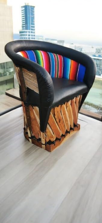 Handmade Traditional Mexican Equipal Chair - Black Zarape Design, Artisan Crafted in Mexico | Original Leather Seat for Home, Bar, Restaurant, Office & Hotel Decor | Perfect for Patio, Living Room & Southwest Style Interiors