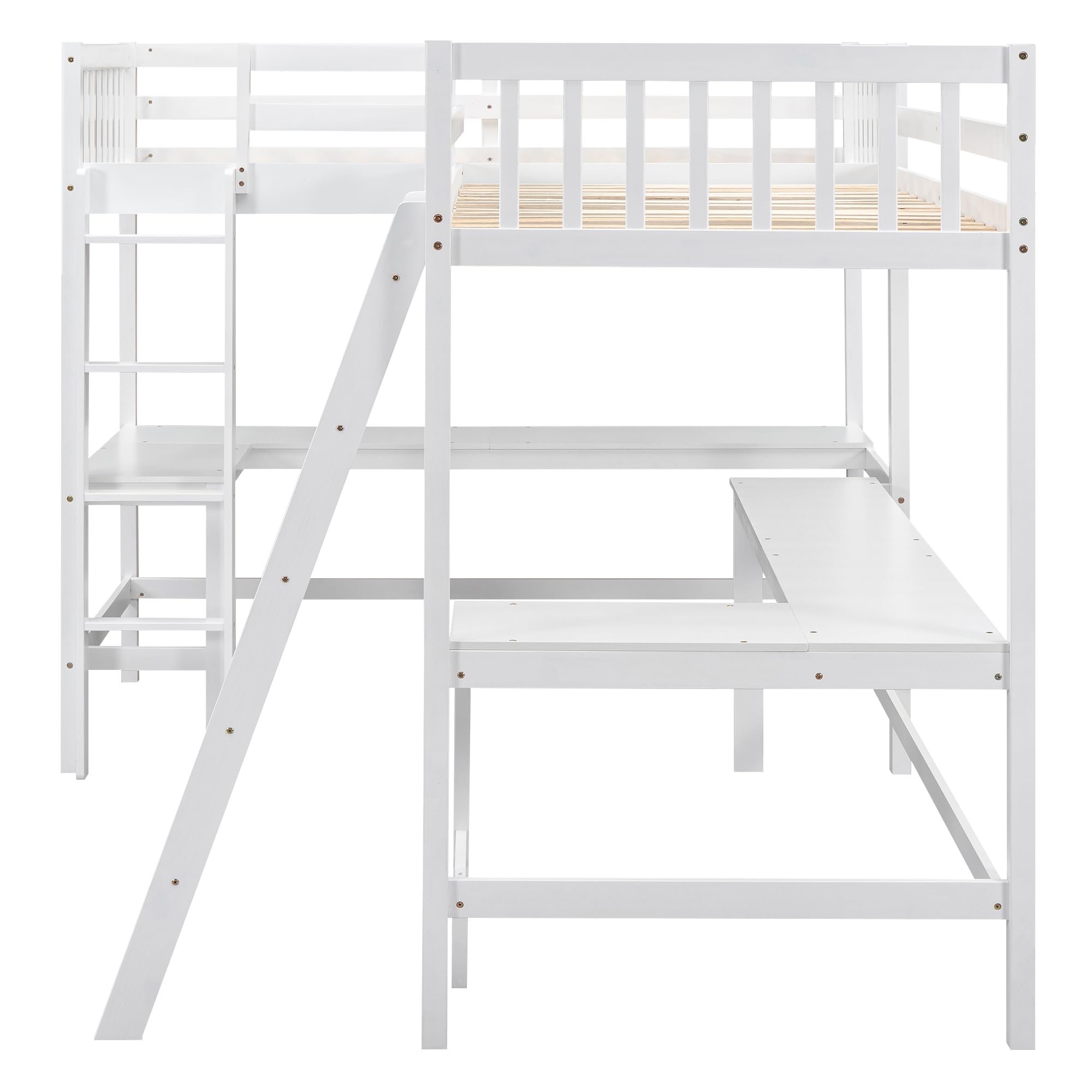 Merax White Wood Twin Size L-Shaped Loft Bed with Ladder & 2 Built-in Desks - Space Saving Bunk Bed for Kids & Teens - Perfect for Small Bedrooms, Dorms & Studio Apartments