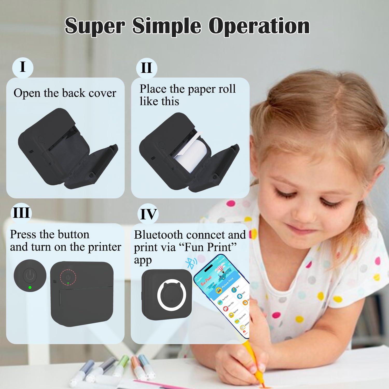 Mini Thermal Inkless Sticker Printer with 14 Rolls Paper - Wireless Portable Pocket Printer for iPhone, Android, Tablet - Print Photos, Stickers, Labels & Notes - Perfect for Home, Office, School & Travel (Black)