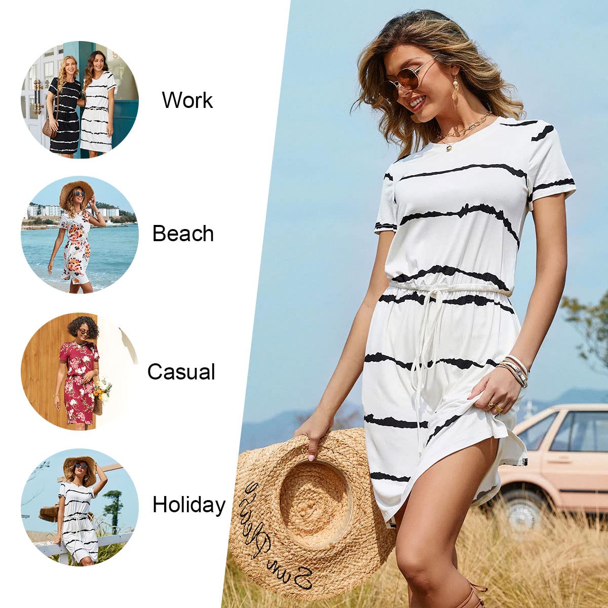 Anydool Women's 2025 Summer Casual Short Sleeve T-Shirt Dress with Pockets - Flattering Hide Belly Design for Work, Office & Weekend Outings