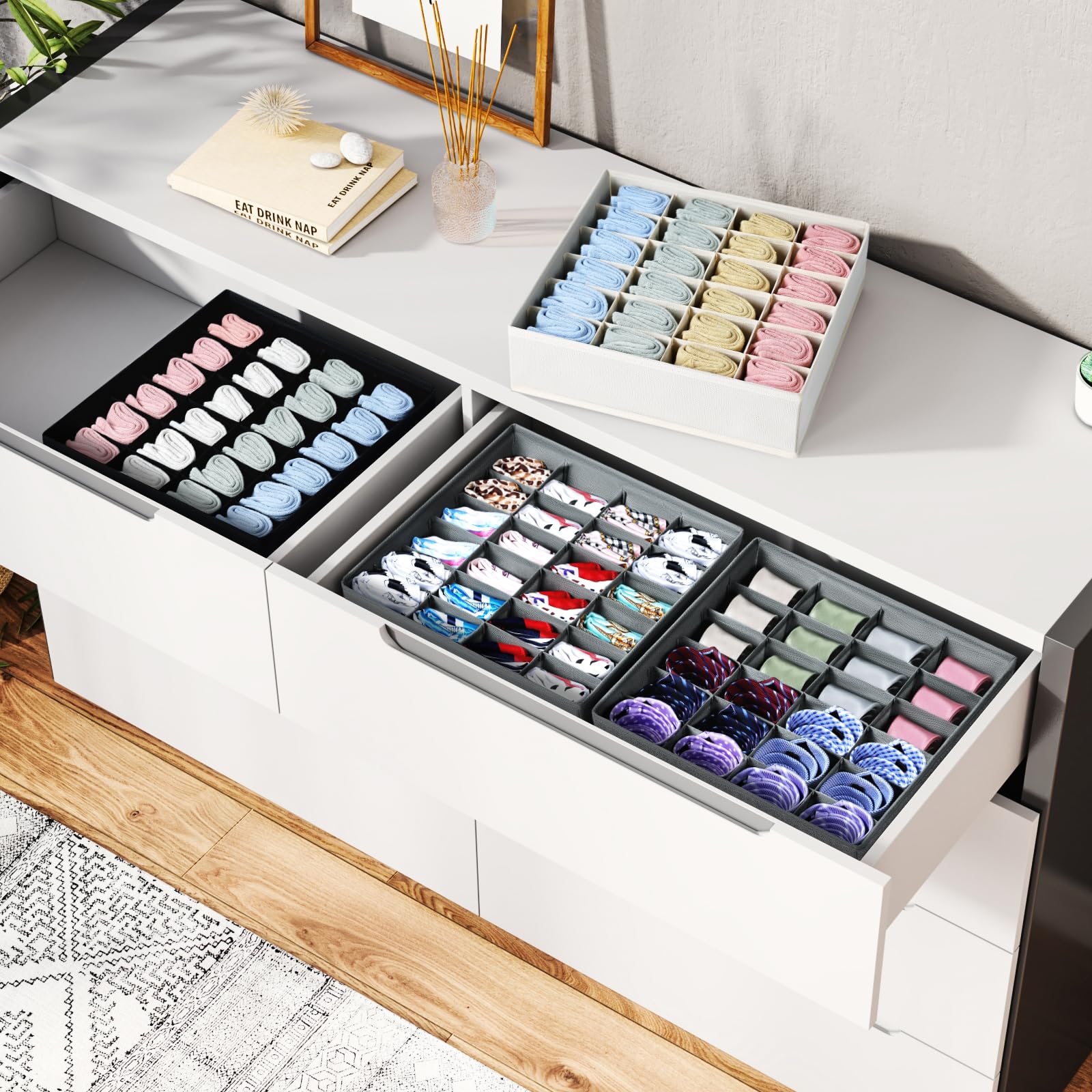 4 Pack Sock & Underwear Organizer - 24 Cell Foldable Storage Drawer Organizer for Socks, Underwear, Ties, Belts | Space Saving Closet Solution (Grey) | Perfect for Travel, Home & Office Organization