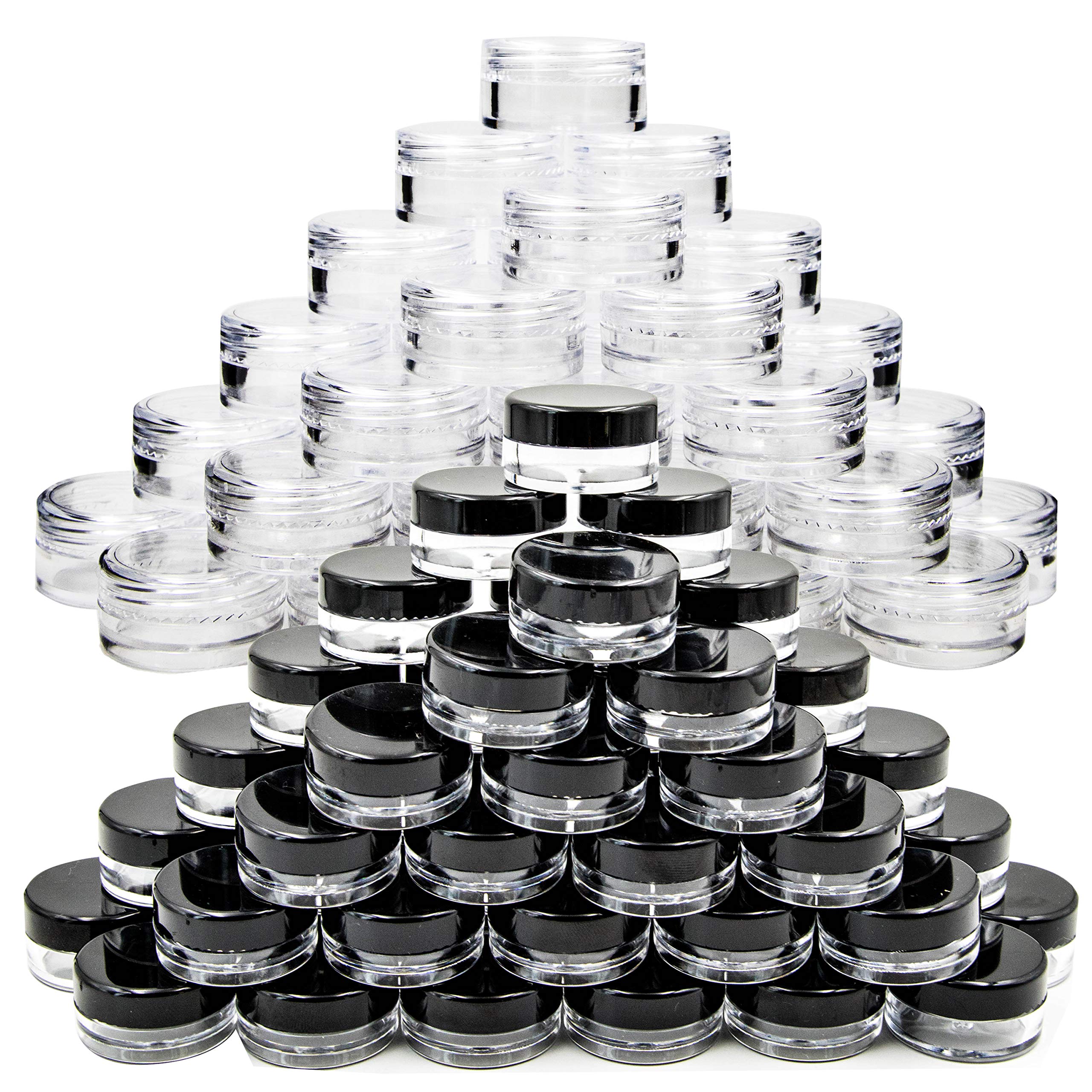 Youngever 140-Piece Empty Plastic Cosmetic Sample Kit - 80x 5g Jars (40 White/40 Black), 60x 3g Jars (30 White/30 Black), 5 Mini Spatulas & Labels - Perfect for DIY Beauty Products, Travel Containers & Skincare Samples