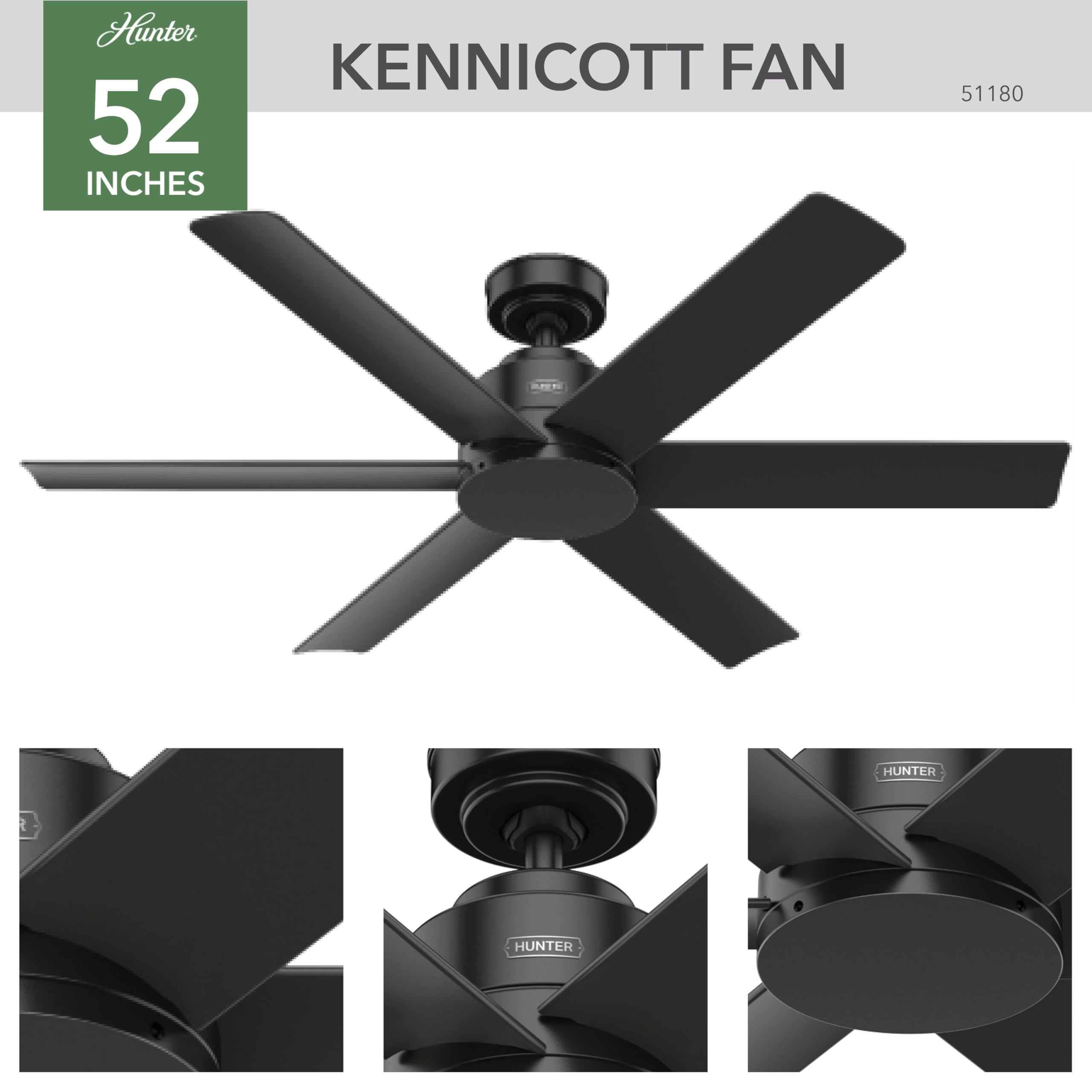 Hunter 51180 Kennicott 52 Inch Matte Black Ceiling Fan - Perfect for Living Room, Bedroom, and Outdoor Patio Cooling