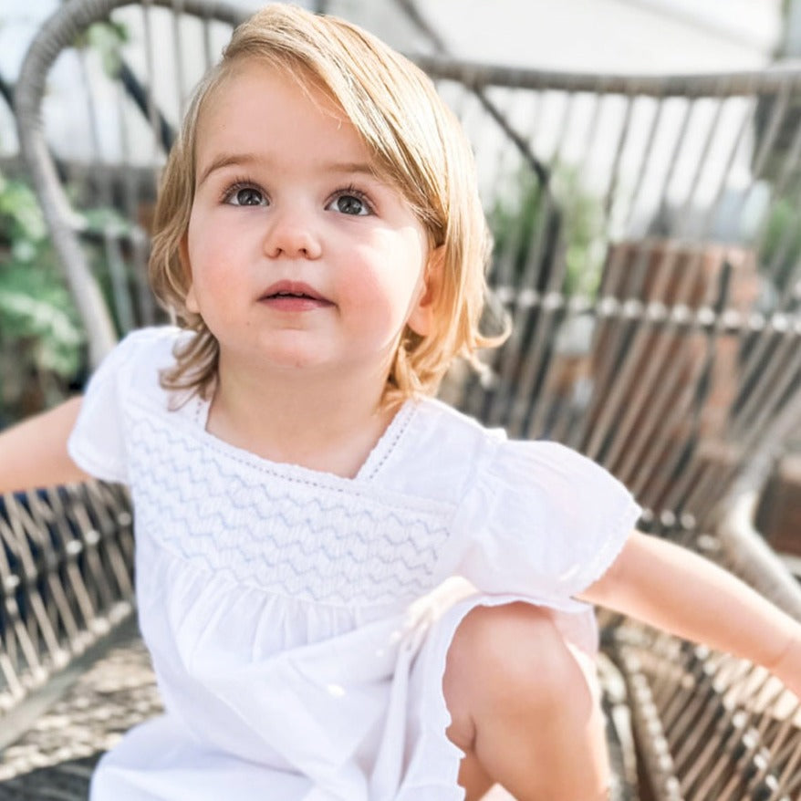 Amelia White Cotton Smocked Dress for Women - Elegant Summer Casual Wear, Perfect for Beach Outings, Picnics, and Brunch Dates