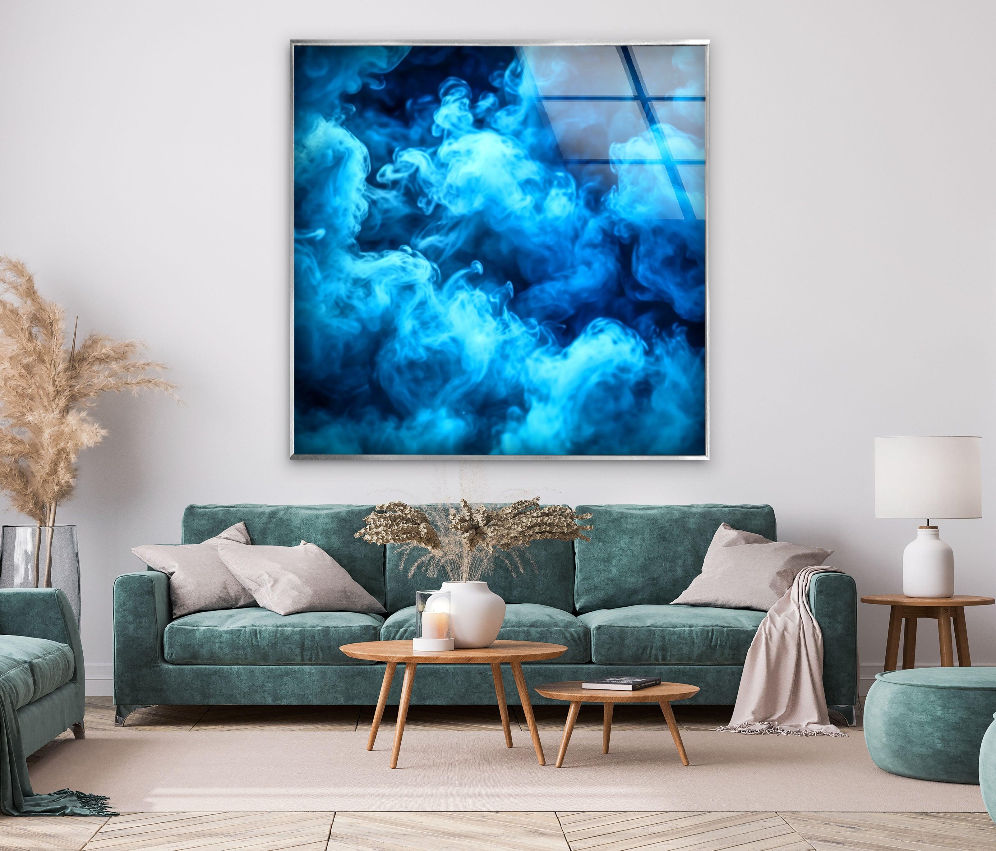Blue Smoke Glass Wall Art - Modern Abstract Decor for Living Room, Bedroom & Office - Handmade Glass Artwork for Home & Office Decor