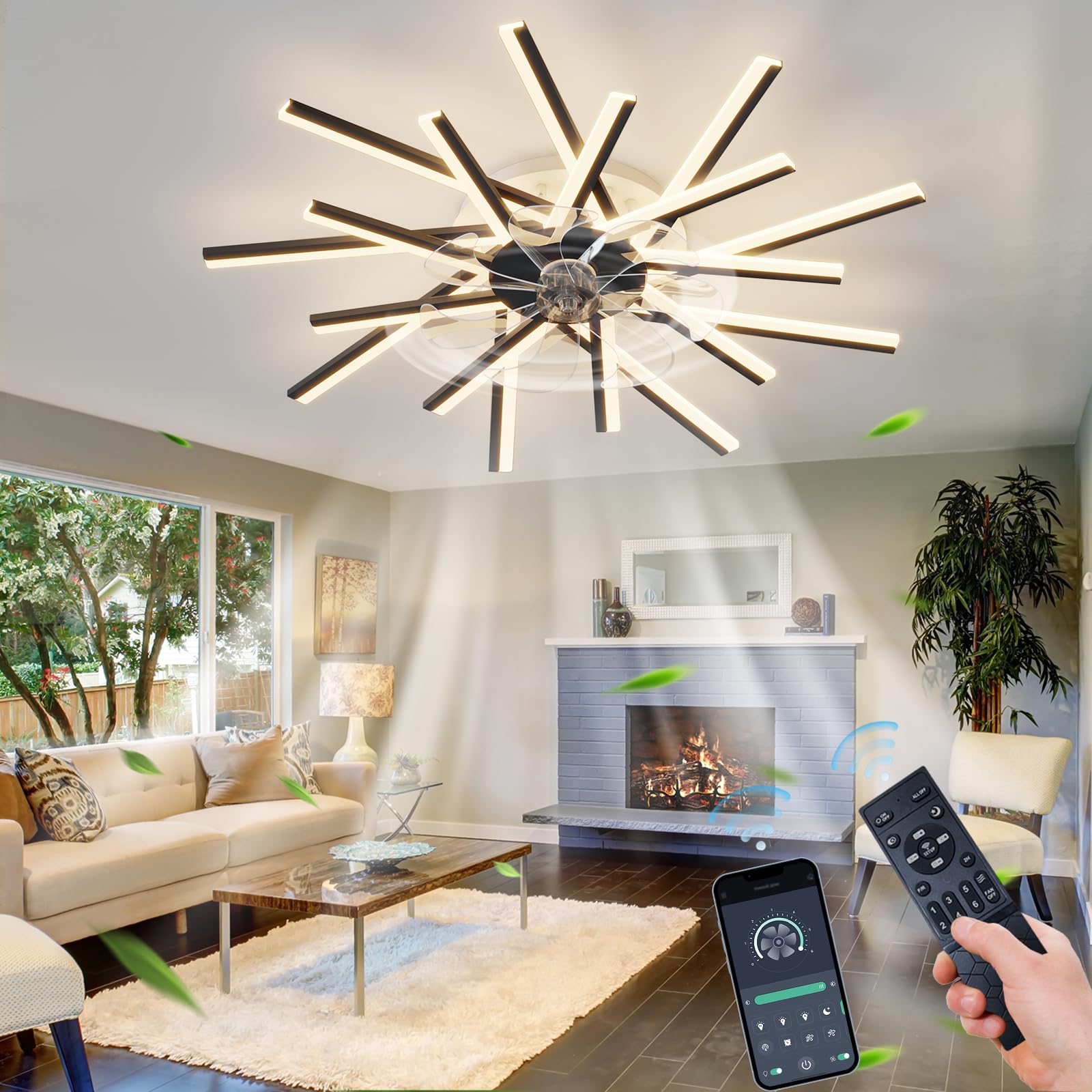 REYDELUZ 36.2 Inch Modern Flush Mount Ceiling Fan with Lights - Remote & App Control, Dimmable LED, 6 Speed Settings, Low Profile 18 Head Design for Bedroom, Dining Room, Kitchen (Black) | Energy Efficient Cooling & Stylish Home Decor