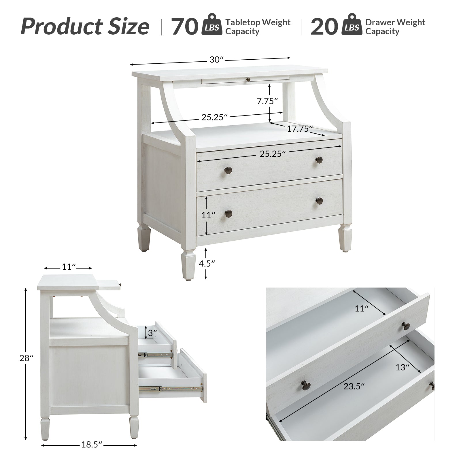 Grace 2-Drawer Nightstand with USB Charging Ports & Power Outlets - Modern Bedside Table for Bedroom, Living Room & Office Use
