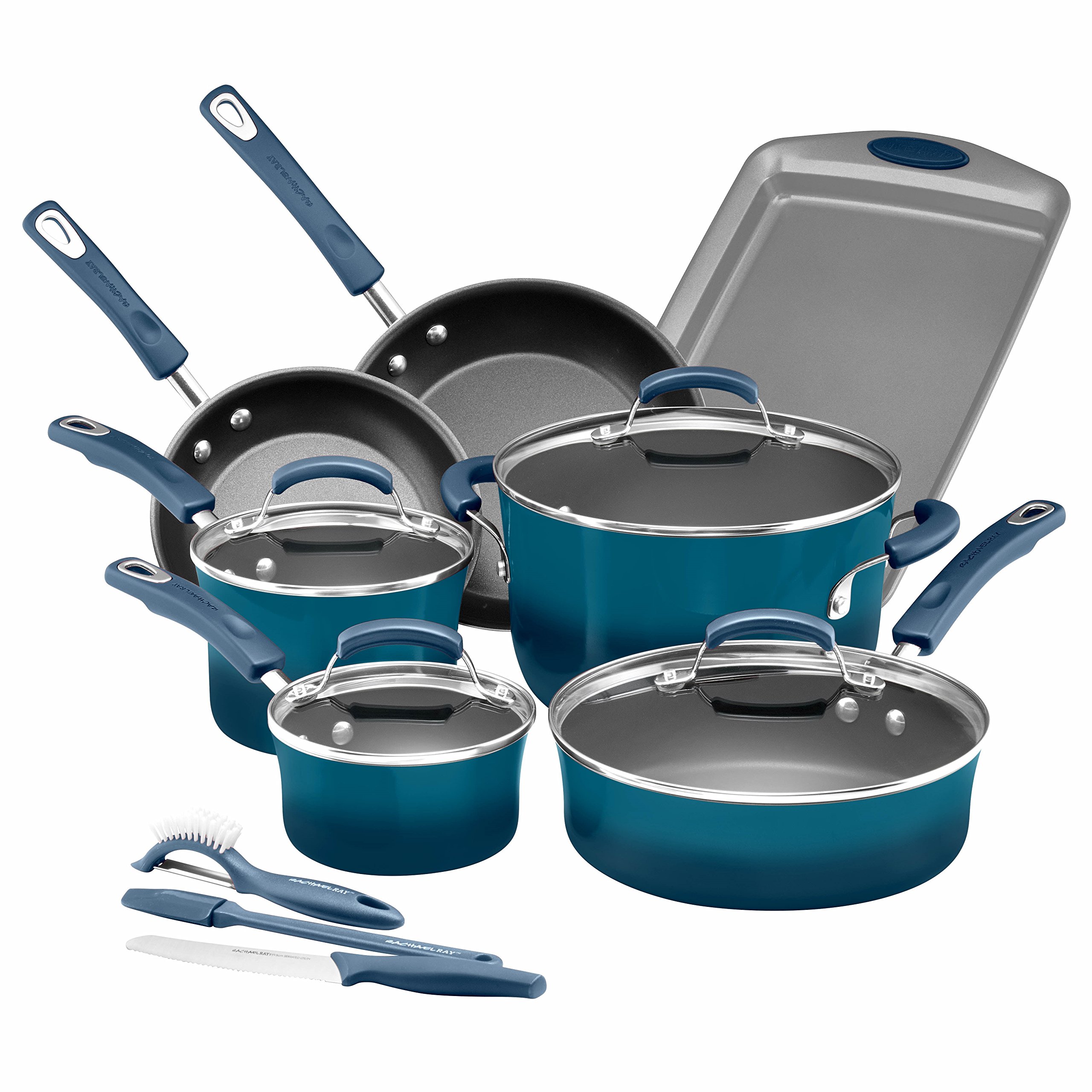 Rachael Ray Brights Nonstick Cookware Set - 14 Piece Pots and Pans Set in Marine Blue | Durable Nonstick Kitchen Essentials for Cooking, Baking & Serving | Perfect for Home Chefs & Family Meals