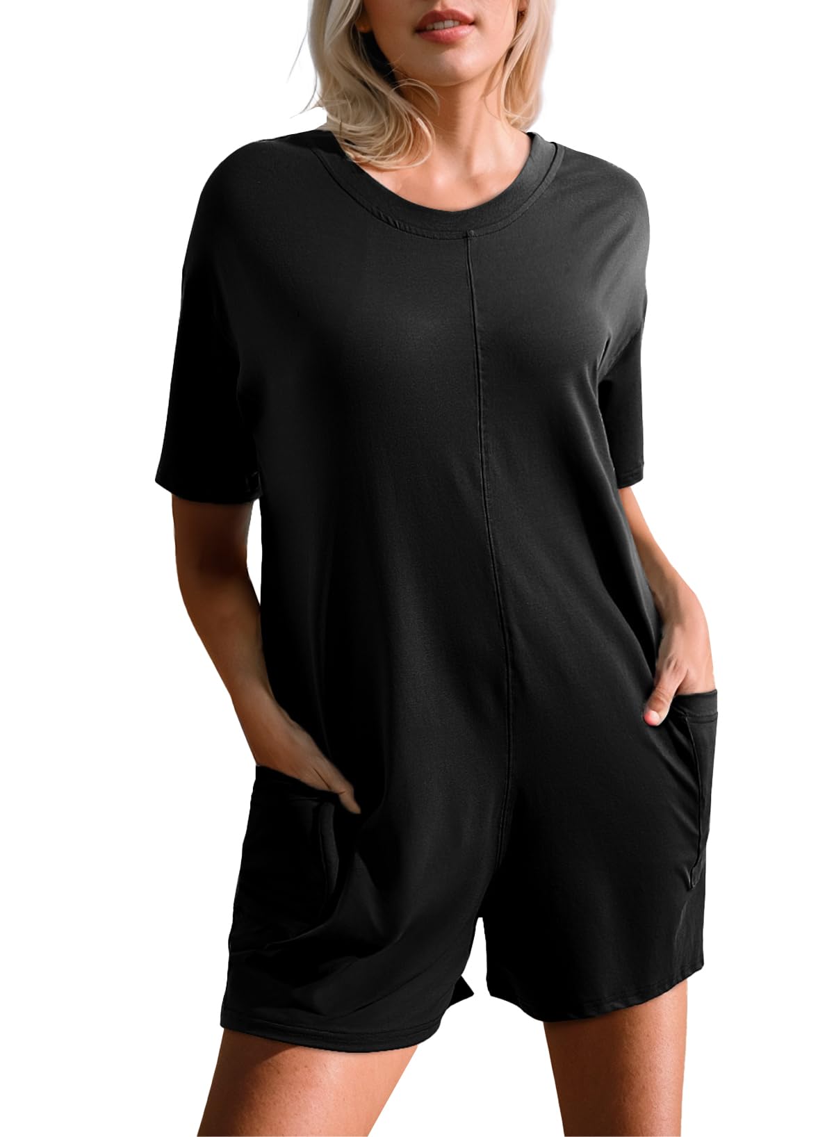 Happy Sailed Women's Casual Loose Crewneck Romper Jumpsuit with Pockets - Comfortable One Piece Short Sleeve Overall for Summer Outfits, Beach Wear and Daily Casual Style