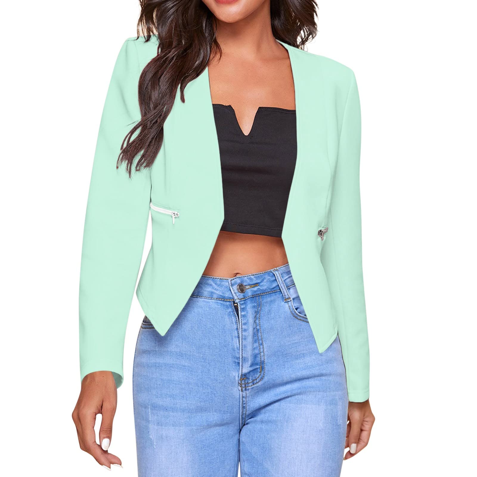 Plus Size Women's Spring Jacket - Elegant Casual Lightweight Blazer with Zipper Pockets | Solid Color Thin Coat for Office, Travel & Everyday Wear