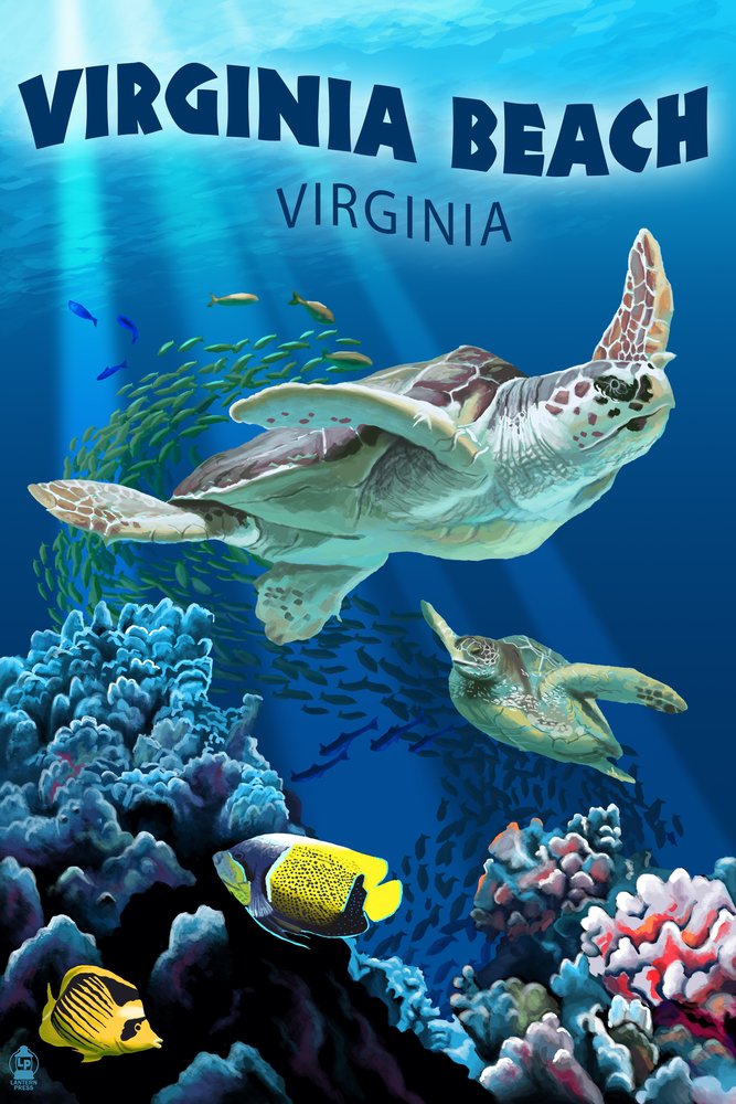 Virginia Beach Sea Turtle Swimming Wall Art Poster - 12x18 Inches Coastal Decor for Beach House, Living Room & Nursery | Perfect Gift for Ocean Lovers