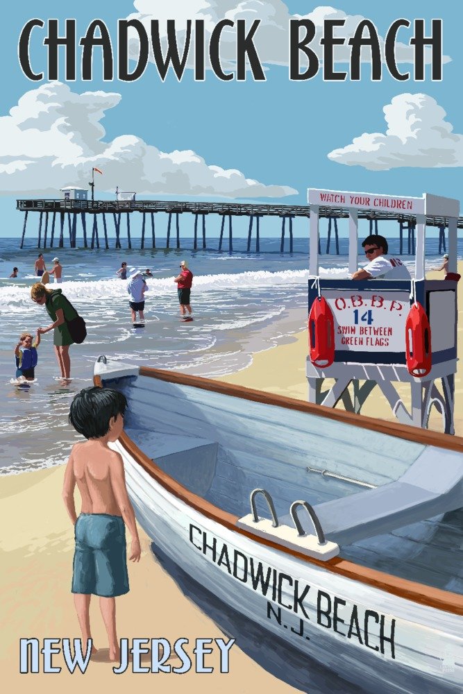 Chadwick Beach New Jersey Lifeguard Stand - 36x54 Giclee Gallery Print - Coastal Wall Art - Travel Poster Decor for Beach House, Office & Living Room