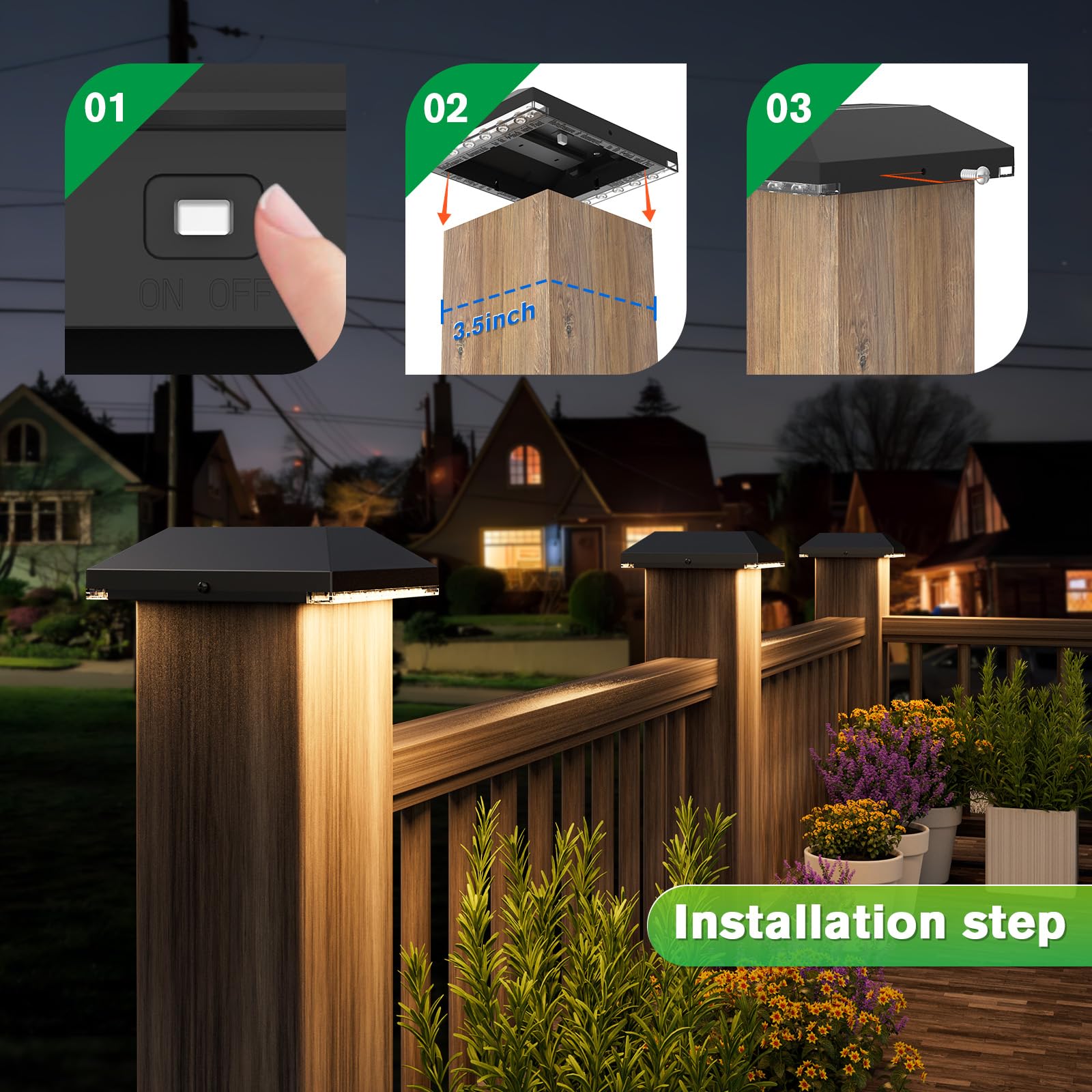 8 Pack Solar Post Cap Lights Outdoor - Waterproof Solar Fence Lights for 4x4 Wooden/Vinyl Posts, Black Solar Deck Lights with Warm White LED - Perfect for Backyard, Deck, Porch, Stair Railings & Garden Pathways (Weatherproof & Energy Saving)