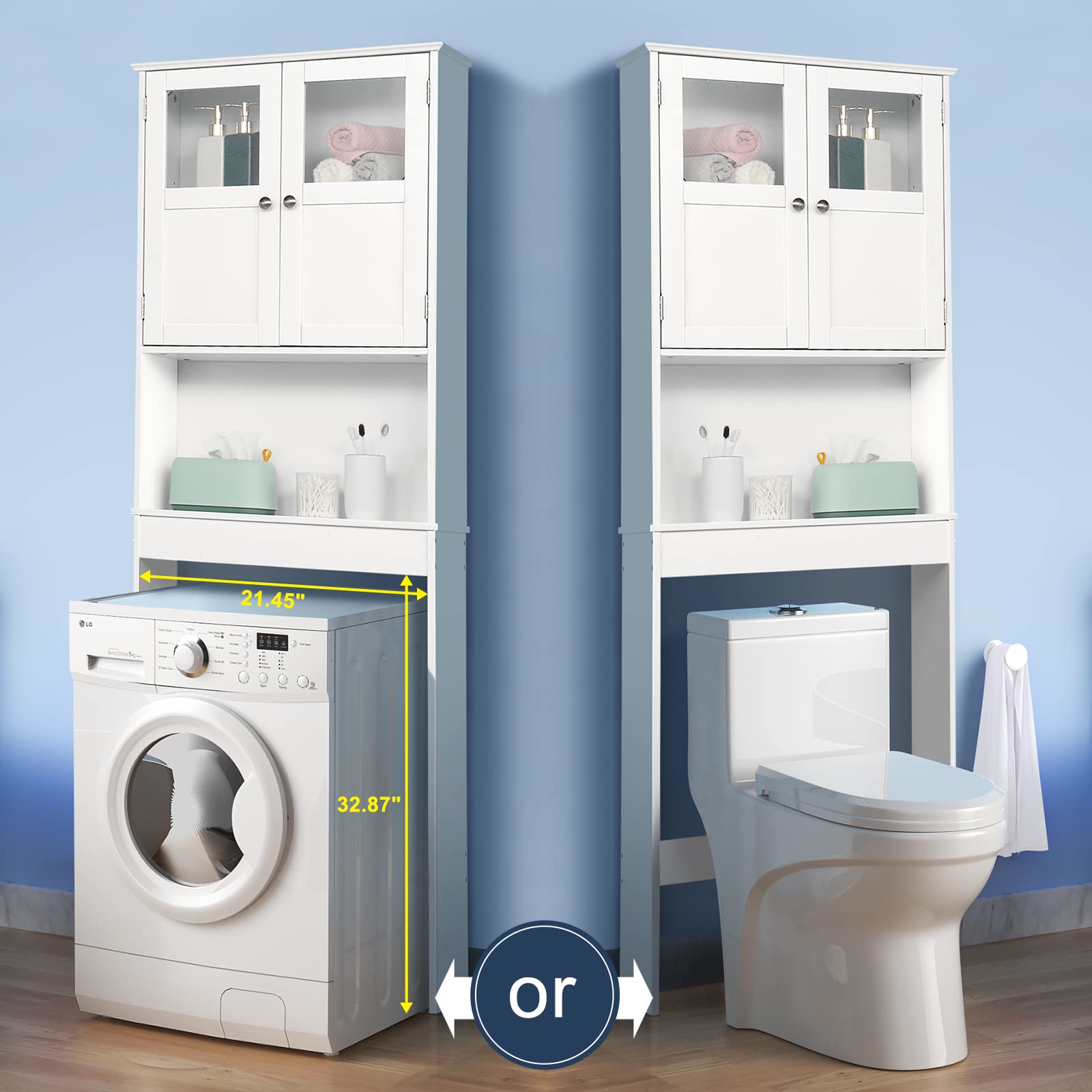 Bonnlo Over The Toilet Storage Cabinet with Adjustable Shelf - White Bathroom Floor Organizer with Double Doors, 67
