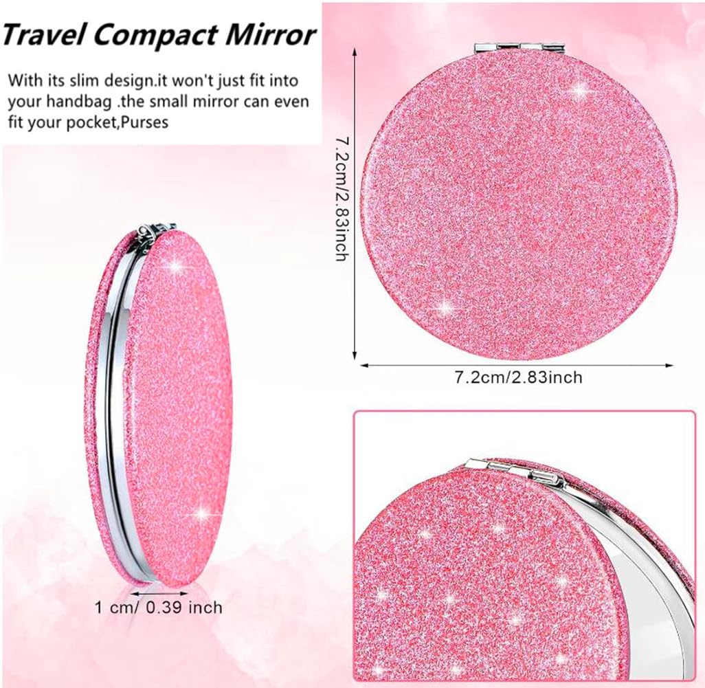 Pink Compact Mirror for Women - Portable Folding Travel Makeup Mirror with 2x Magnification & Glitter Design, Perfect Gift for Girlfriend, Mom & Travel Essentials | Ideal for Purse, Cosmetic Bag & On-the-Go Touch Ups