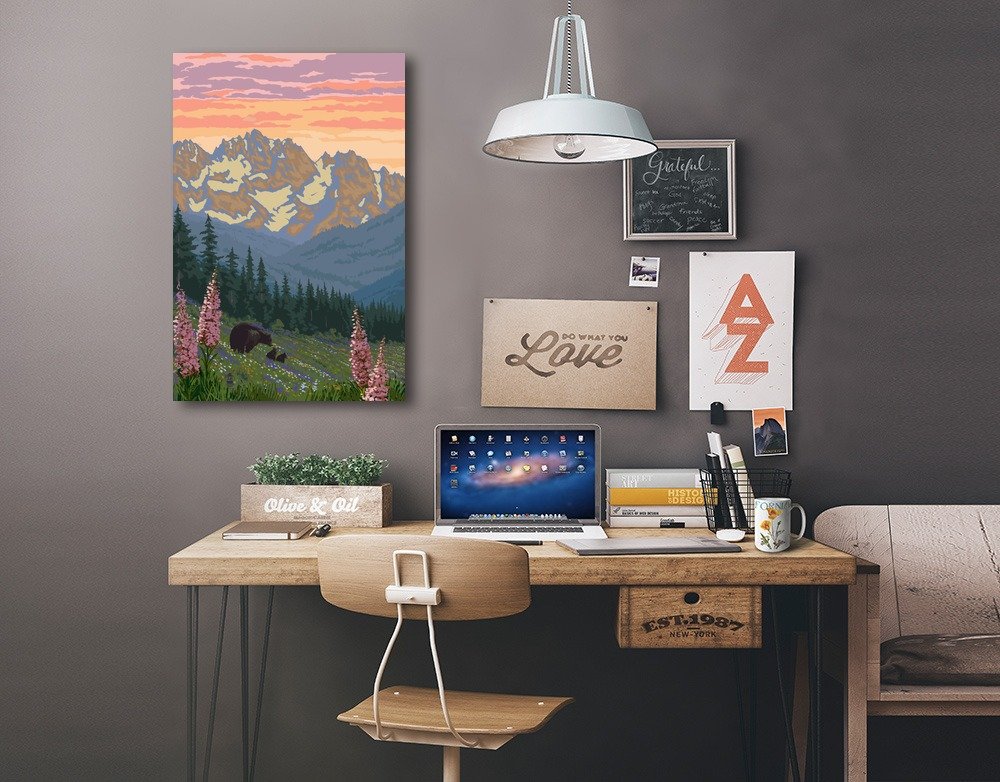 Lantern Press Spring Flowers and Bear Family Mountains Wall Art - 12x18 Wrapped Canvas Print for Home Decor, Living Room, Bedroom & Office